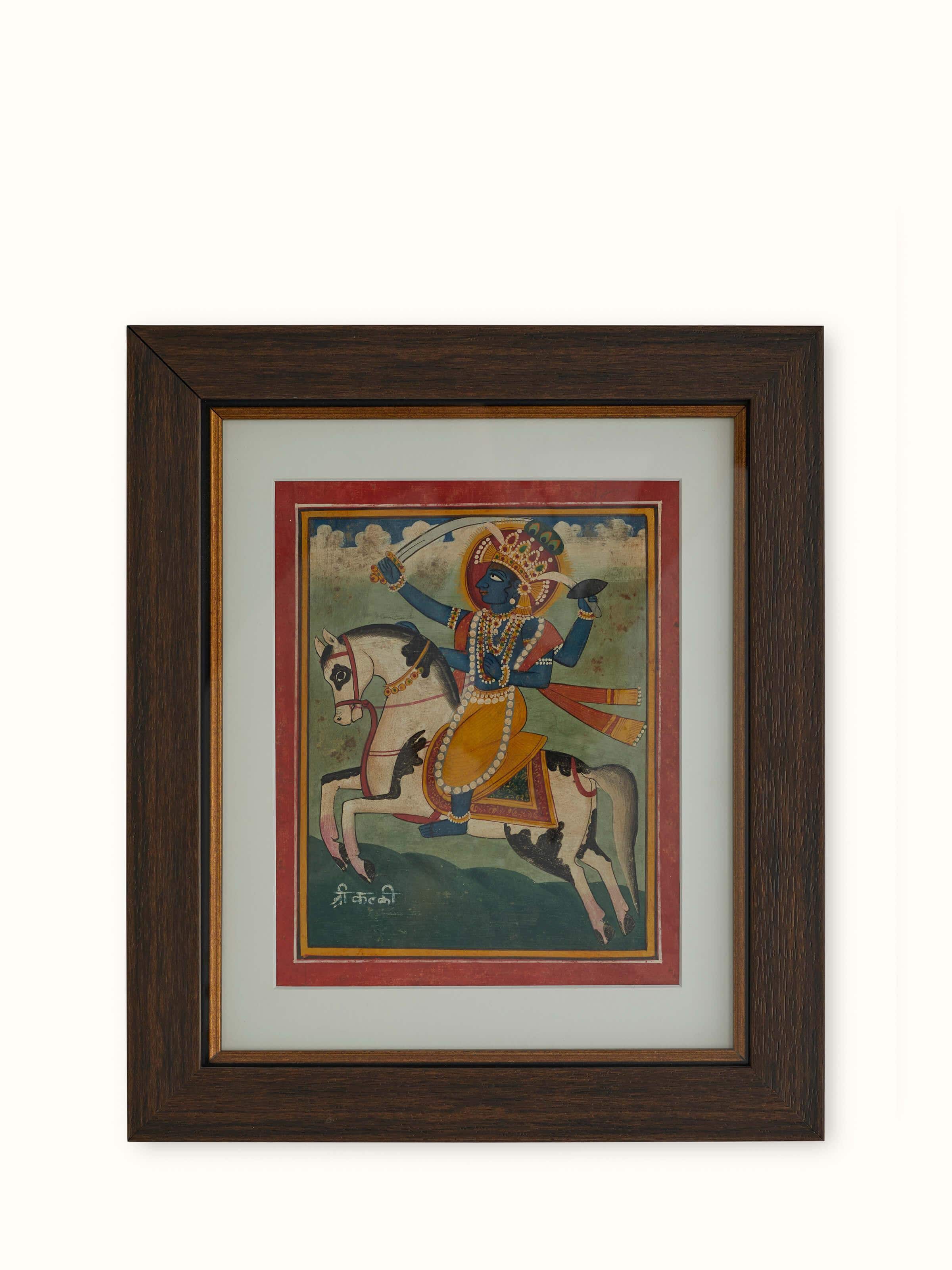 Detailed view of Pichwai Vishnu Avatar Painting emphasizing the ornate decorations and vibrant colors surrounding Lord Vishnu