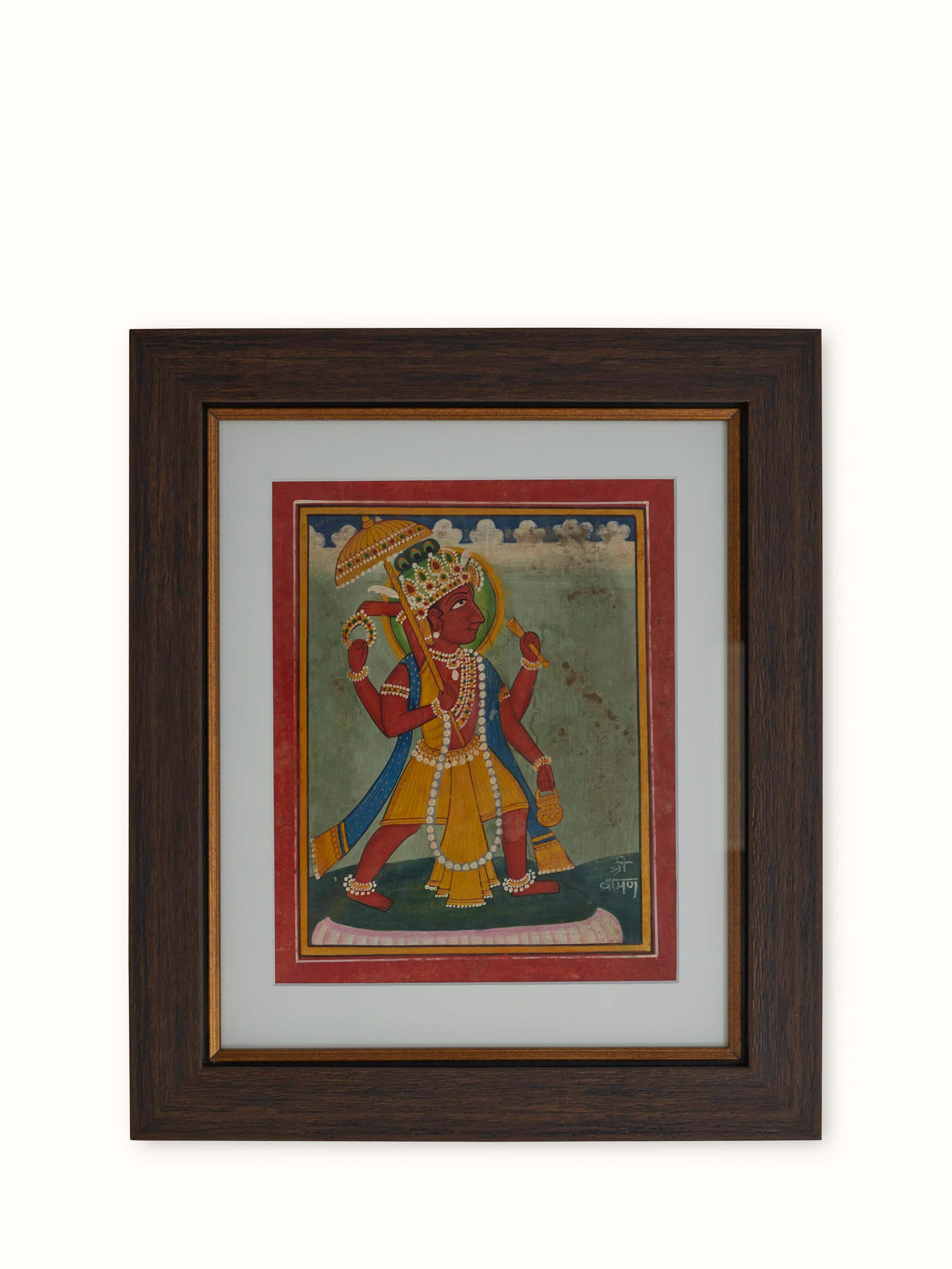 Back view of Pichwai Vishnu Avatar Painting showcasing the intricate patterns and flowing elements behind Lord Vishnu