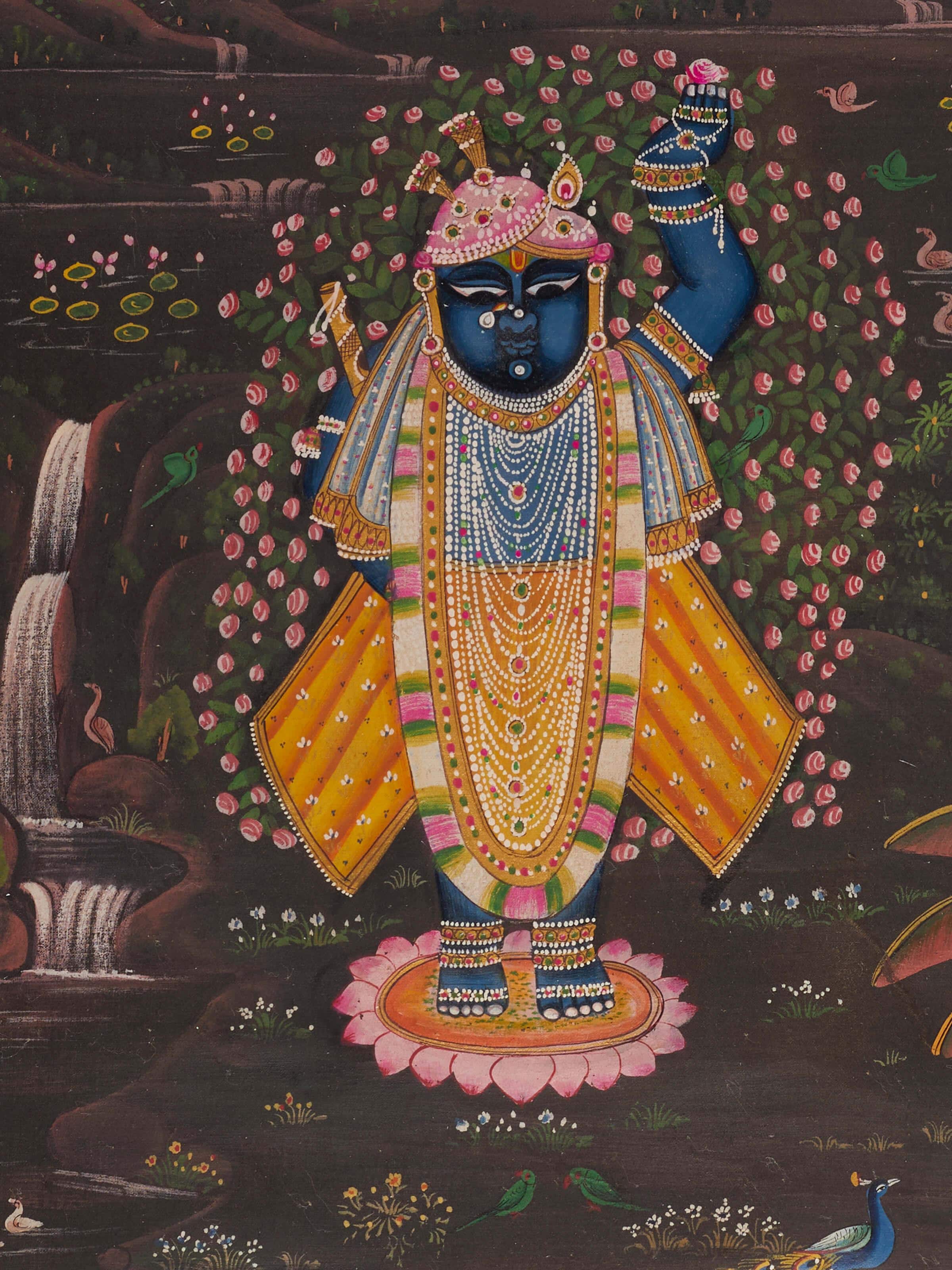 Close-up of Pichwai Sharat Poornima painting highlighting detailed artwork and texture.