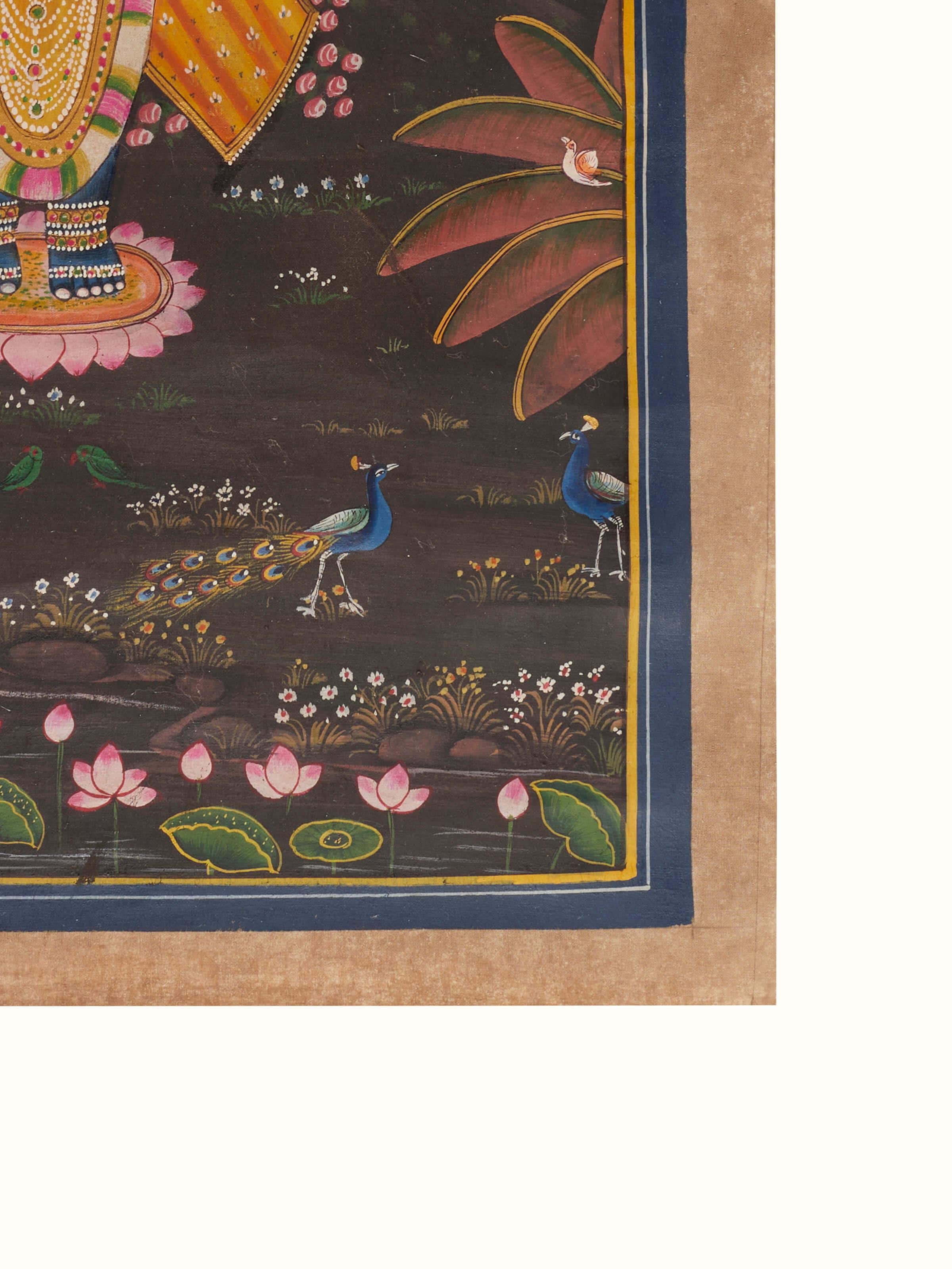 Detailed view of Pichwai Sharat Poornima painting showcasing fine artistic elements.
