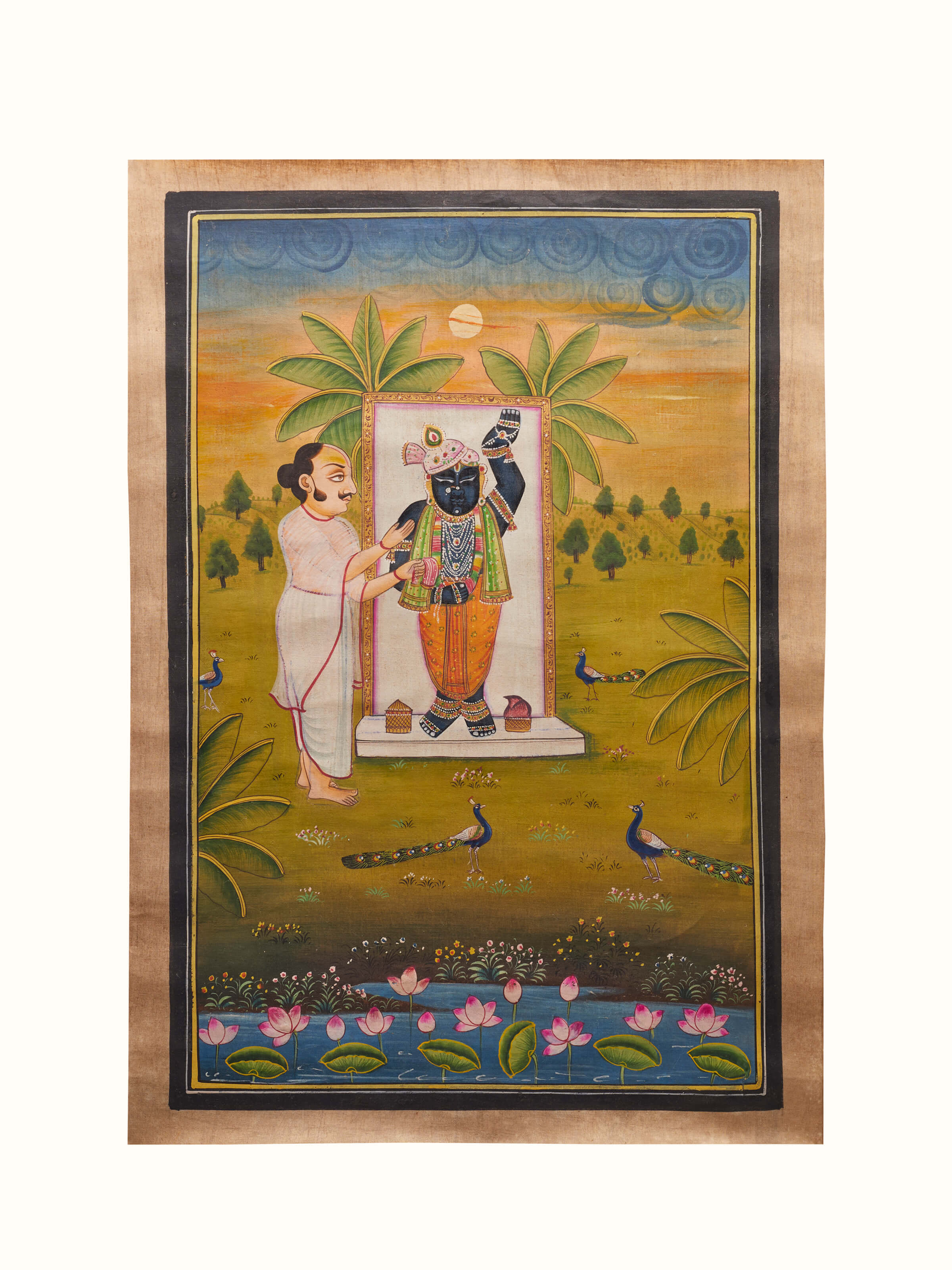 Front view of Pichwai Sharat Poornima Pujari Painting showcasing vibrant colors and traditional artwork.