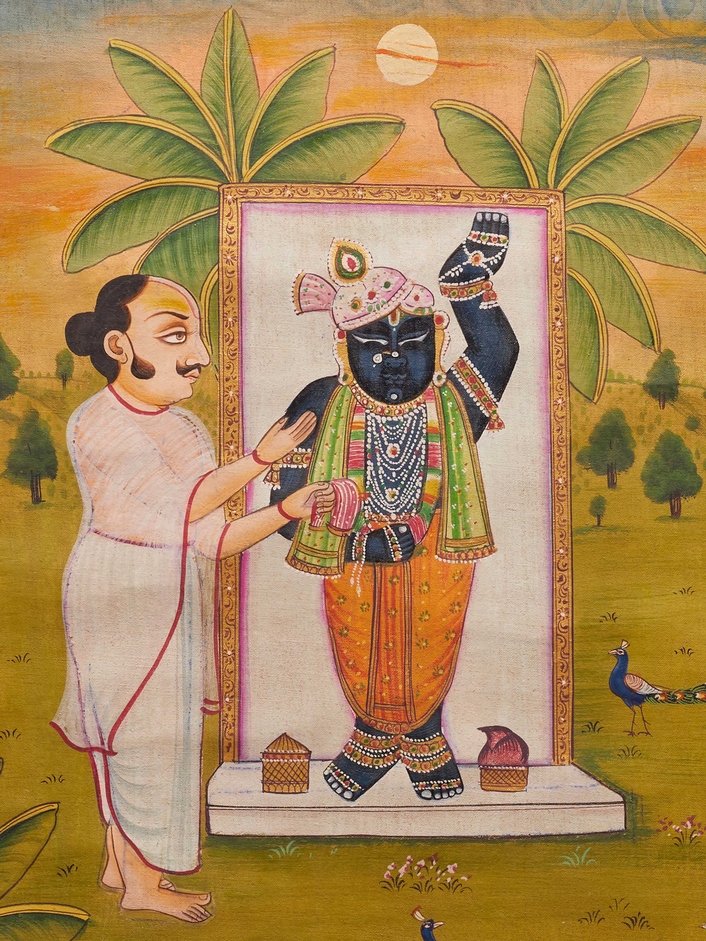 Side view of Pichwai Sharat Poornima Pujari Painting highlighting the painting's depth and texture.