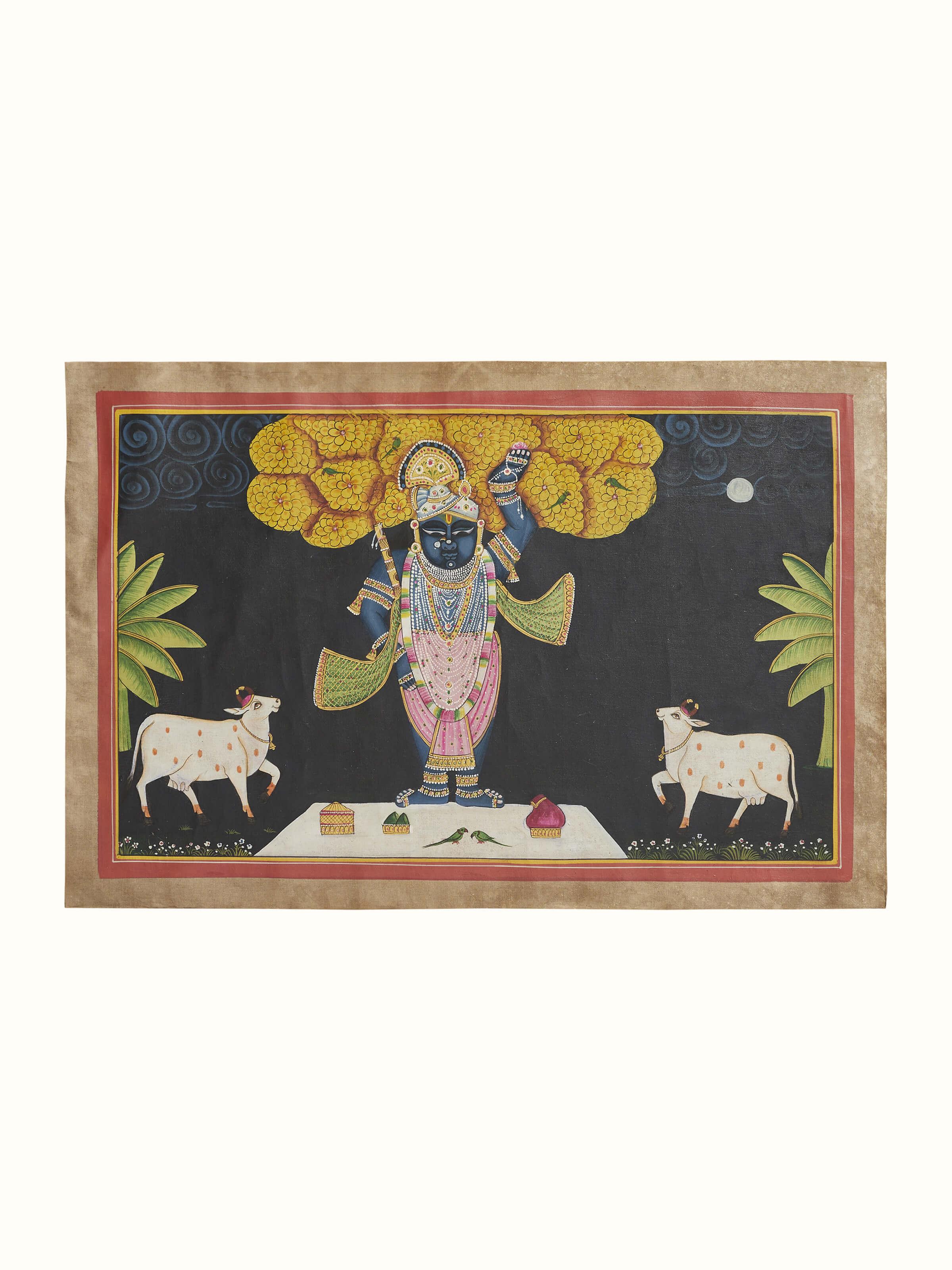 Front view of Pichwai Sharat Poornima Cows Painting featuring cows and traditional motifs in rich colors.