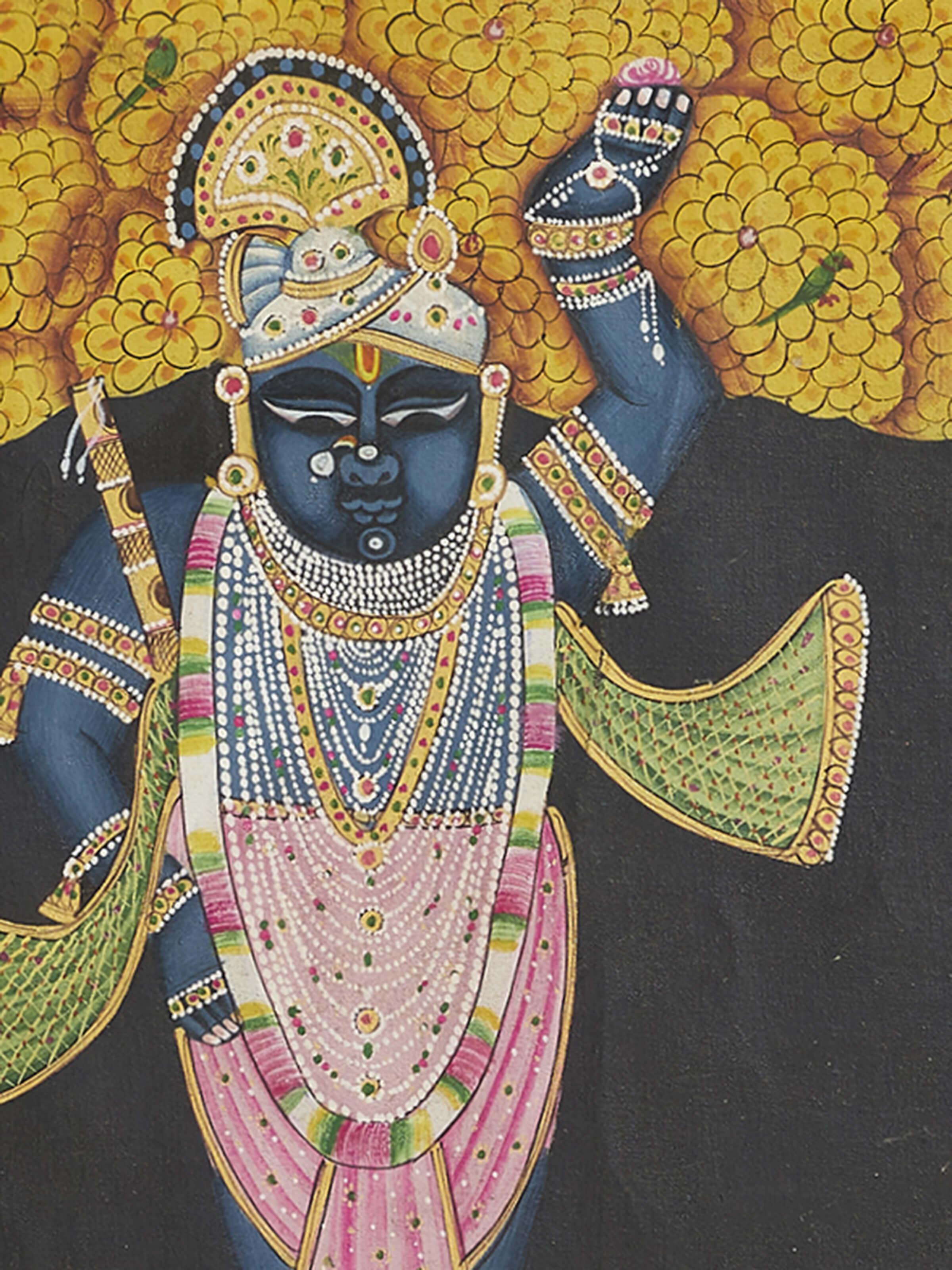Detail view of Pichwai Sharat Poornima Cows Painting focusing on the intricate designs and vibrant color palette.
