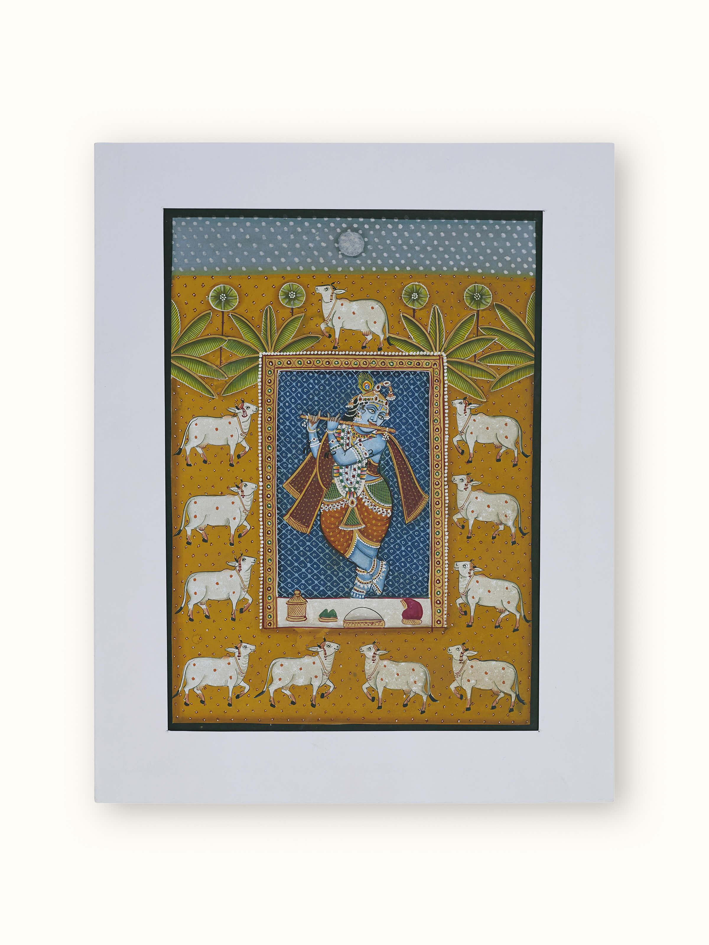 Front view of Pichwai Sharat Poornima Krishna with Bansuri painting showcasing the vibrant colors and detailed artwork.