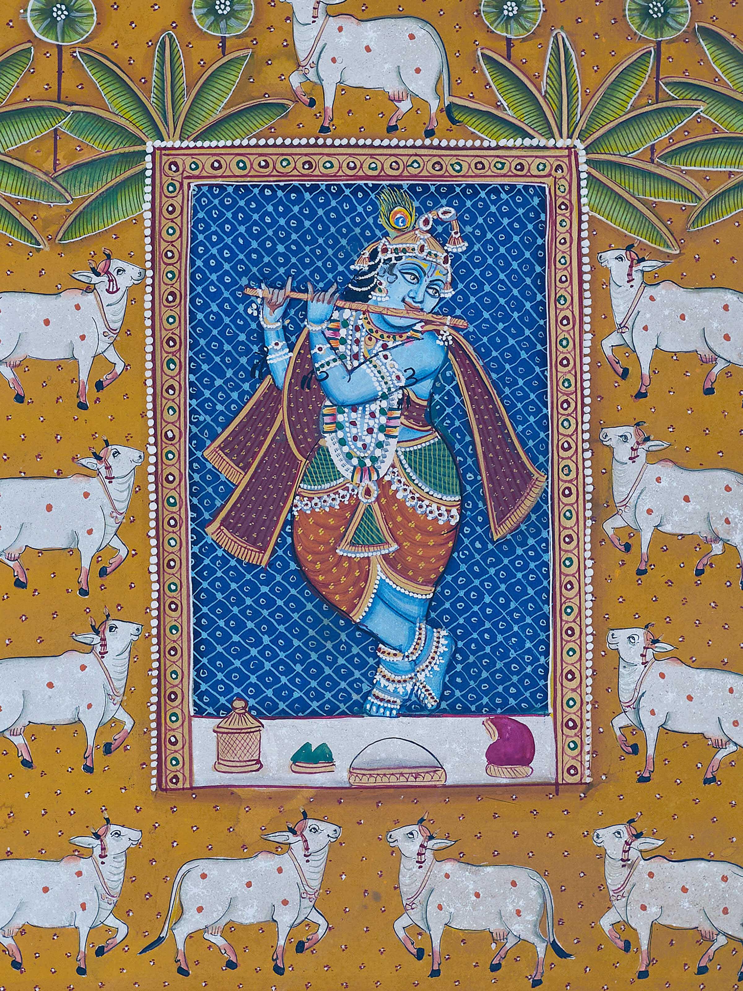 Angled view of Pichwai Sharat Poornima Krishna with Bansuri painting highlighting the intricate details and rich colors.