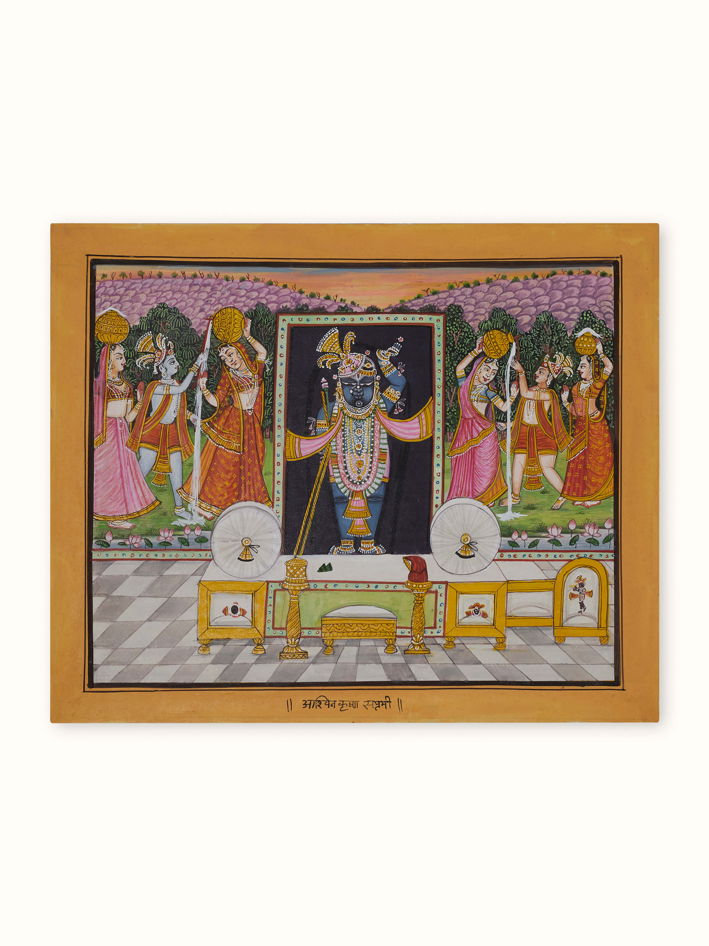 Front view of Pichwai Gopis with Shreenathji Painting capturing vibrant colors and details