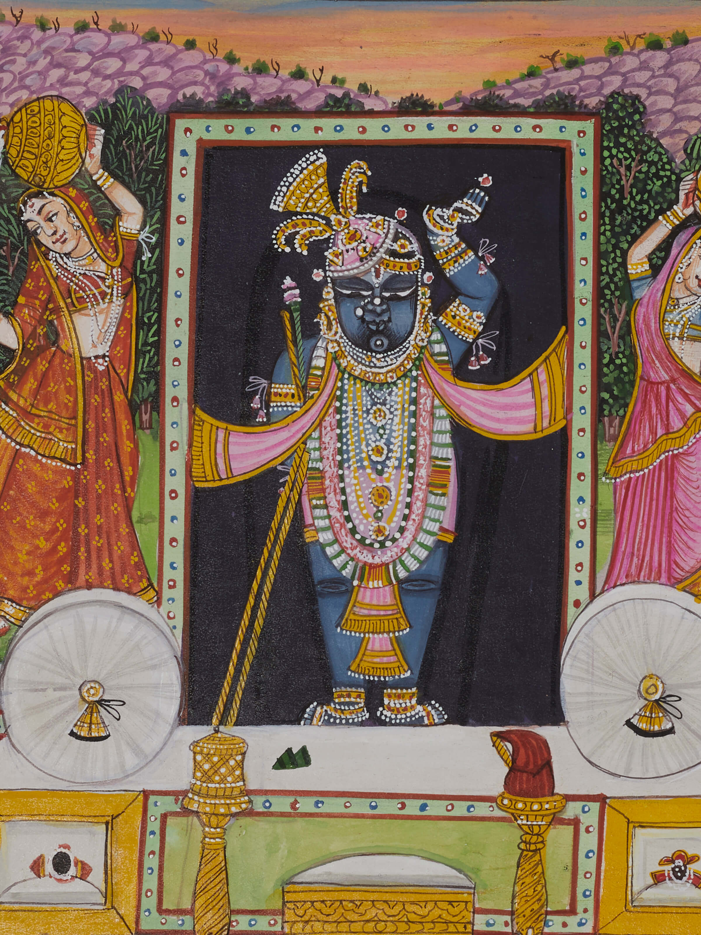 Detailed view of Pichwai Gopis with Shreenathji Painting highlighting intricate artwork