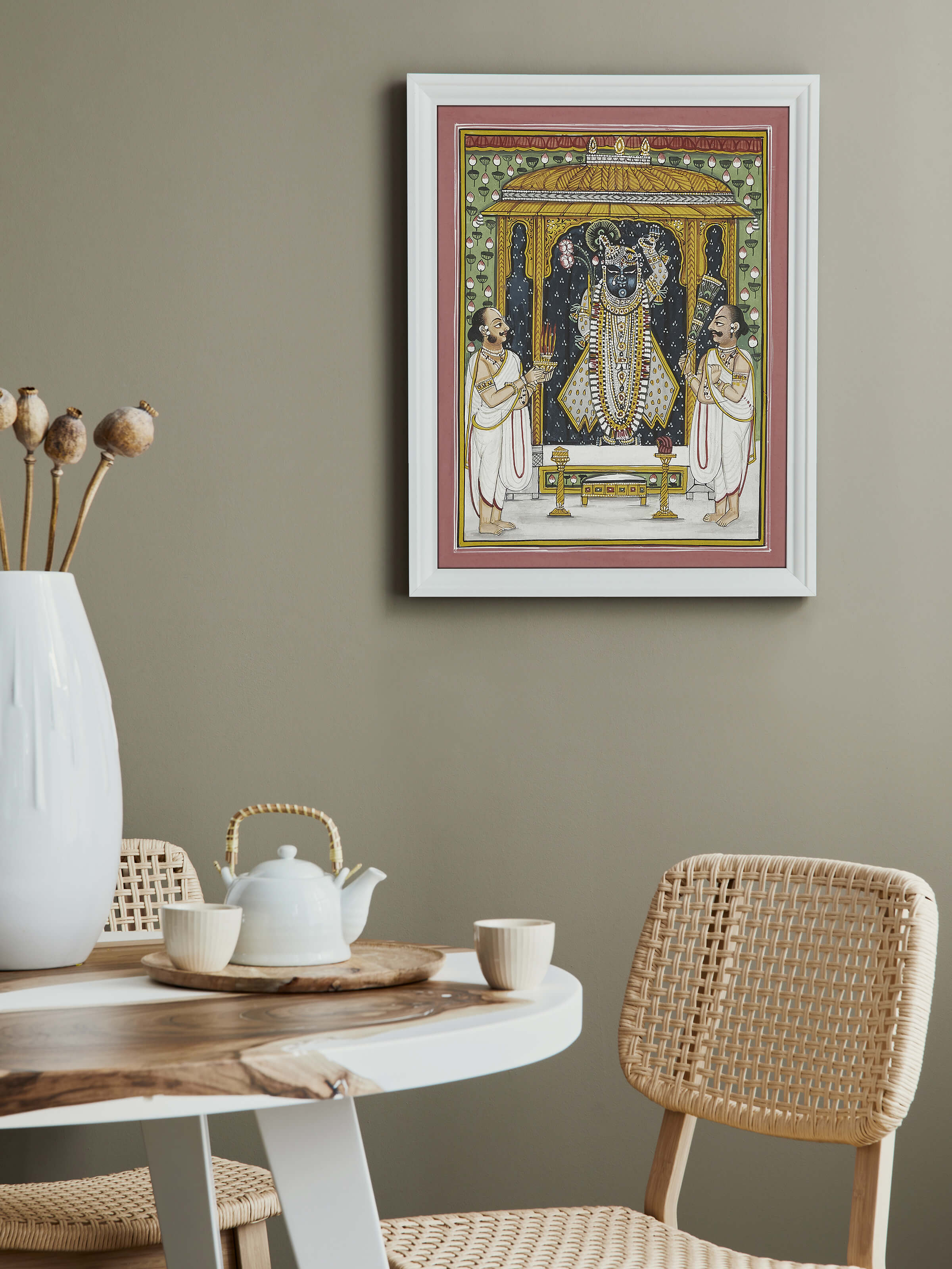 Side view of Pichwai Jharokha & Daan Leela Painting, highlighting the depth and texture of the traditional painting