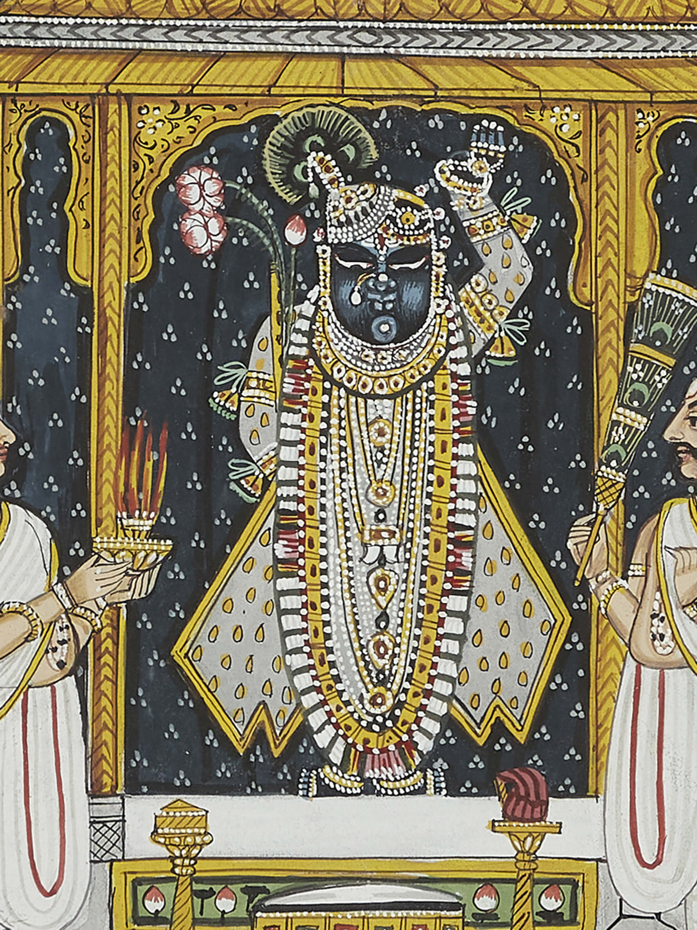 Close-up of Pichwai Jharokha & Daan Leela Painting, emphasizing the intricate details and vibrant colors