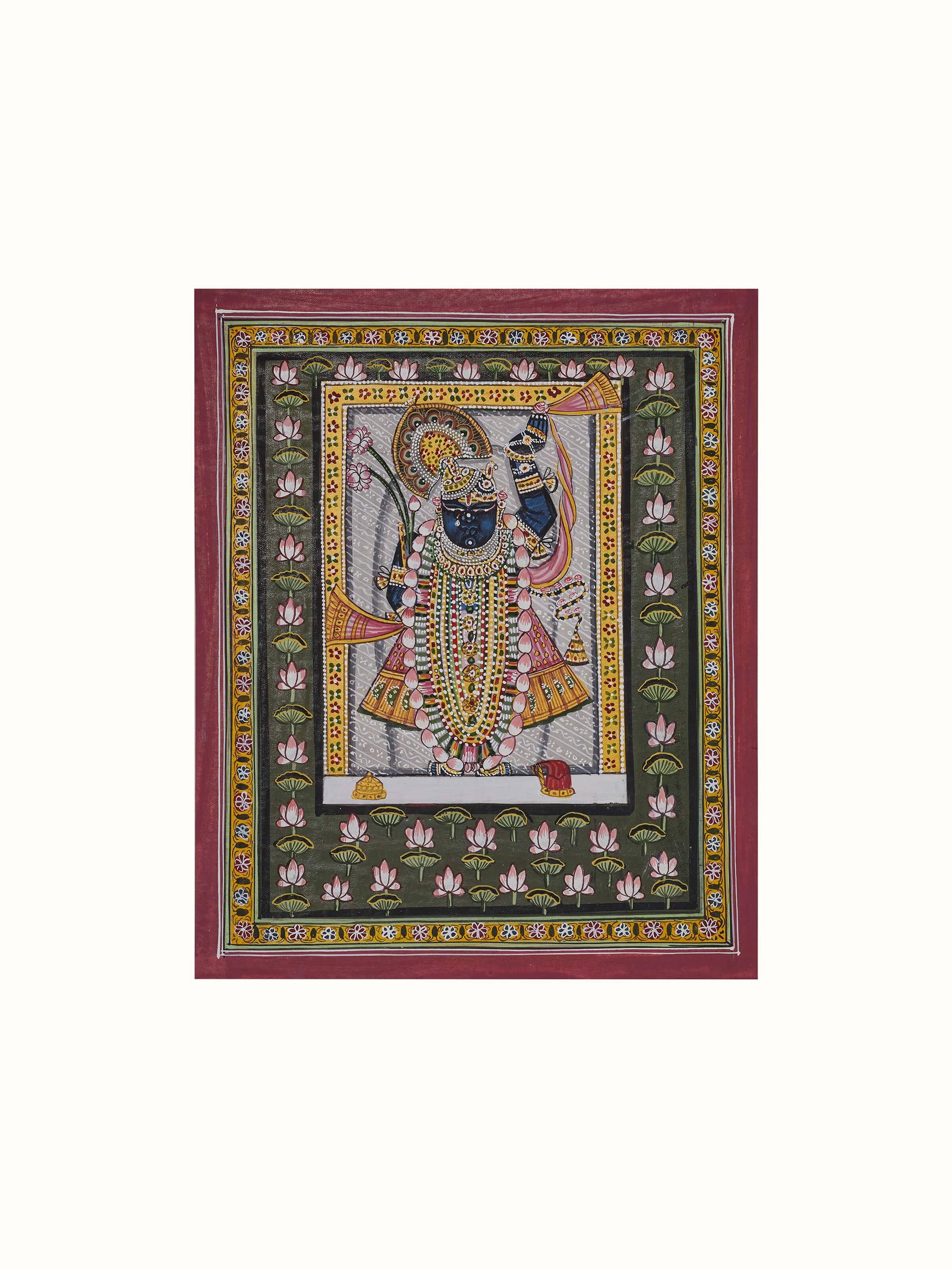 Close-up of Pichwai Pristine Shreenathji Painting highlighting intricate details.