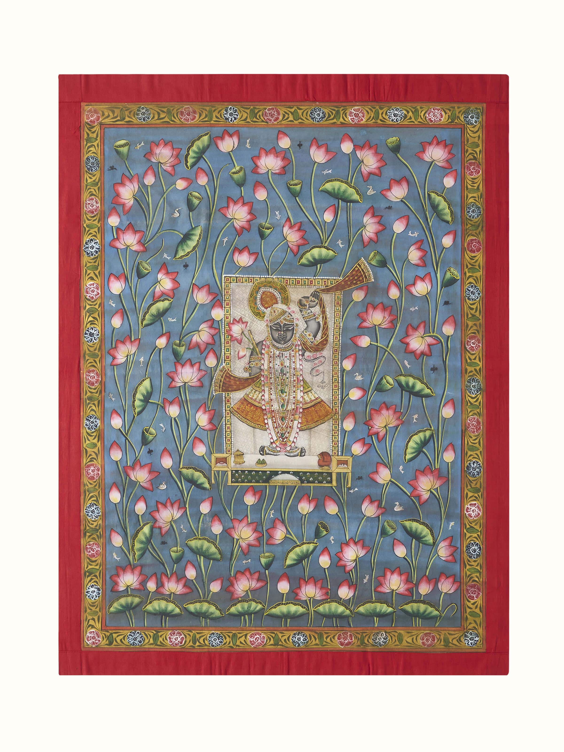 Front view of Pichwai spiritual Shreenathji painting showcasing traditional motifs