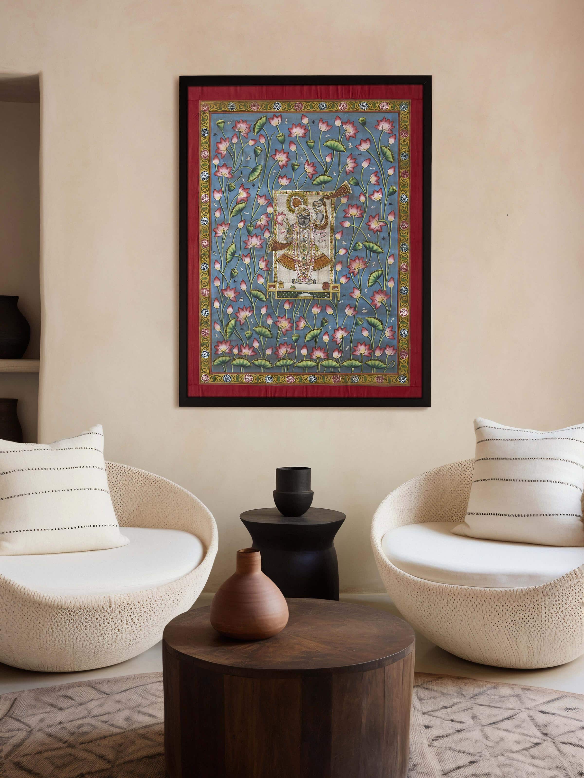 Angled view of Pichwai spiritual Shreenathji painting highlighting the intricate brushwork