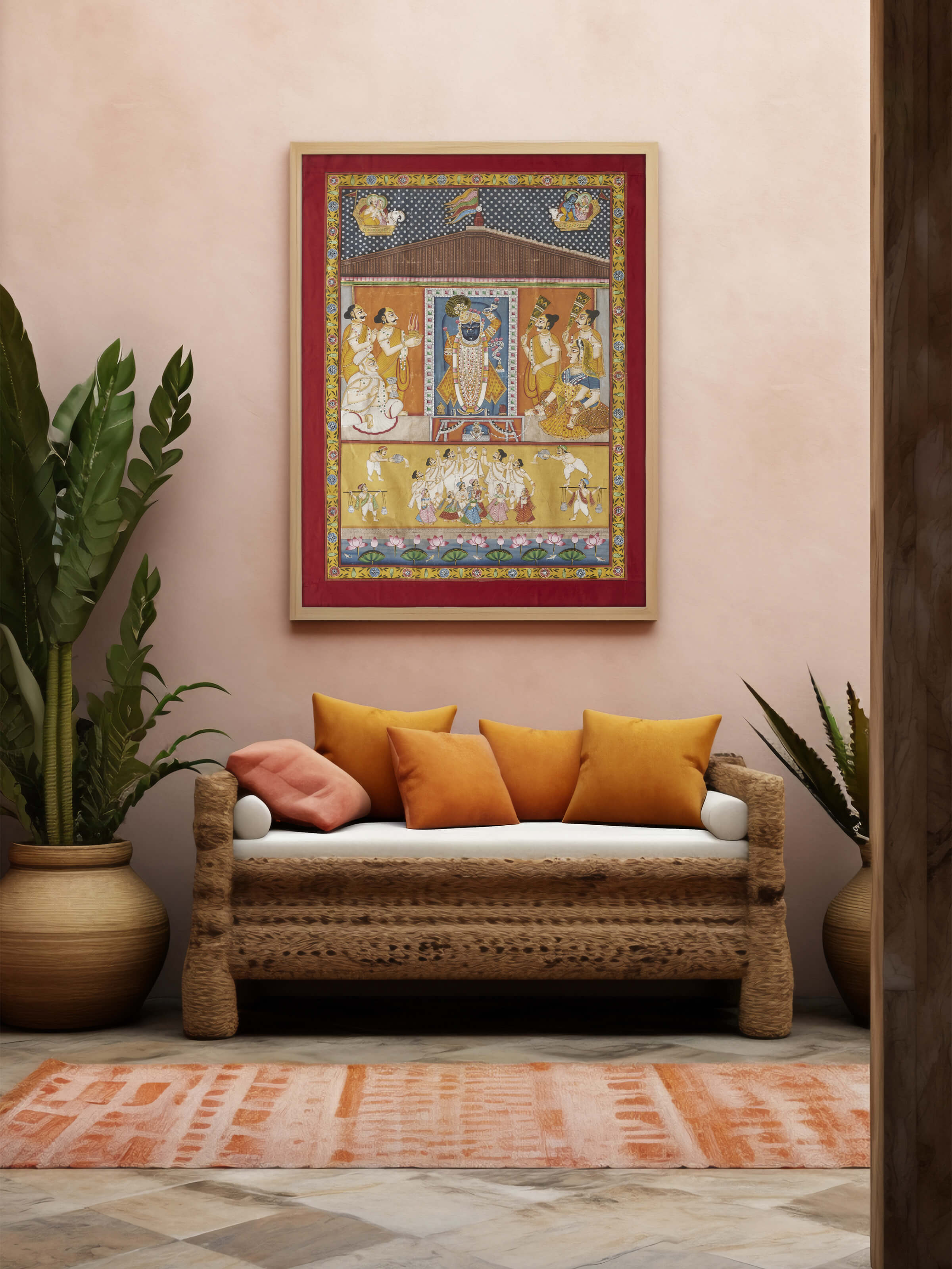 Close-up of Pichwai Krishna painting, highlighting detailed artwork and traditional design, Swadesh