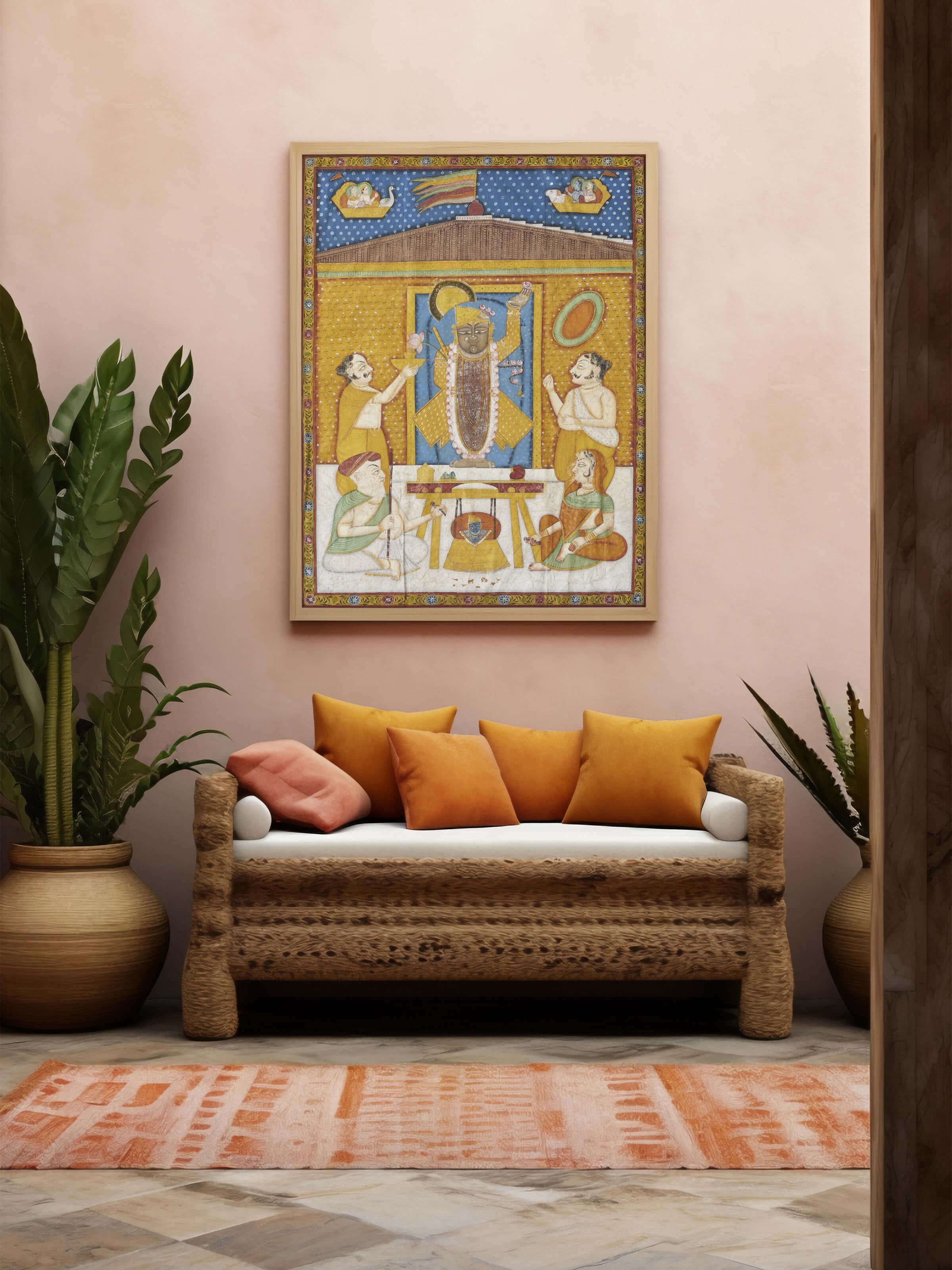 Side view of Pichwai divine gau painting, showcasing detailed traditional elements and artistry.