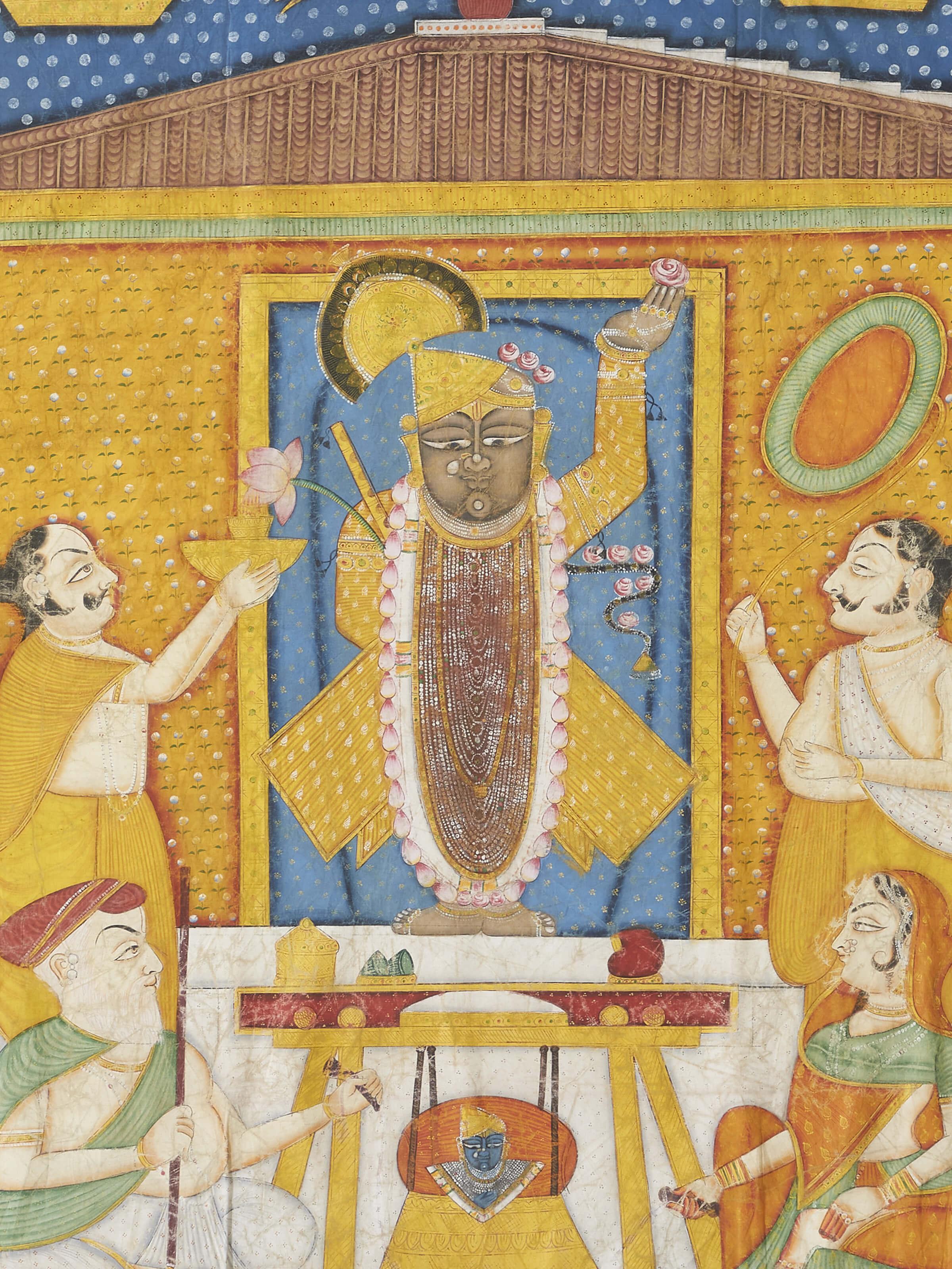 Detailed view of Pichwai divine gau painting, highlighting intricate details and traditional motifs.