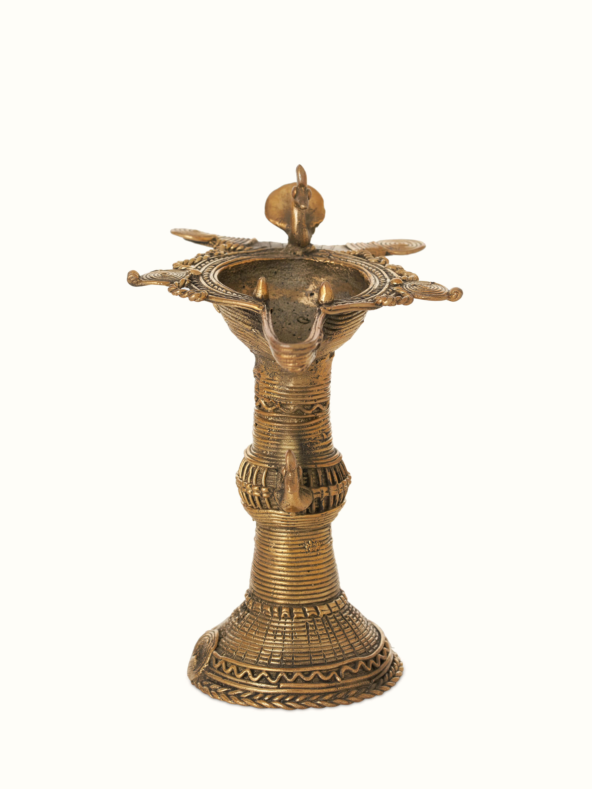 Front view of Traditional Antique Brass Dhokra Diya, showcasing intricate dhokra craftsmanship