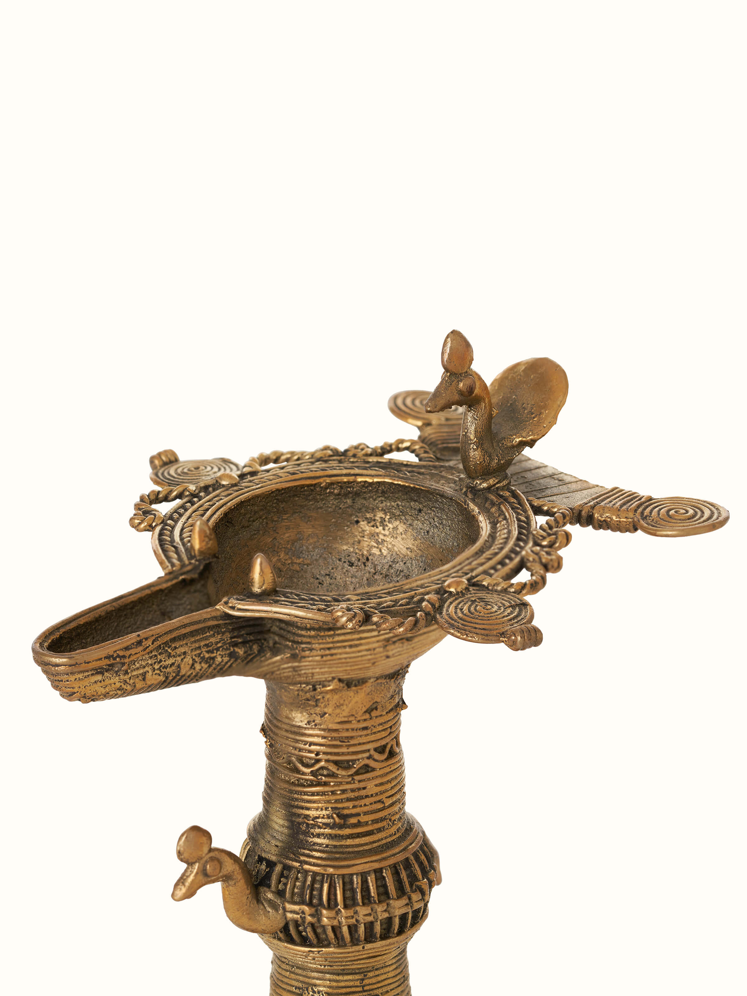 Detailed view of Traditional Antique Brass Dhokra Diya, focusing on intricate patterns