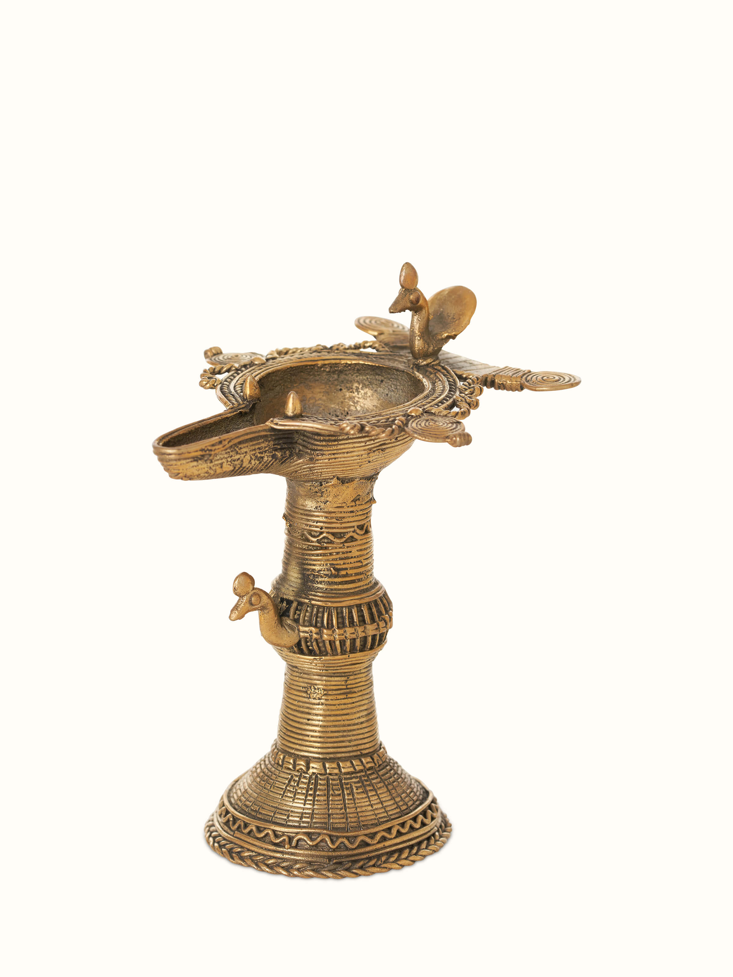 Front view of Traditional Antique Brass Dhokra Diya with a focus on its unique design and antique finish