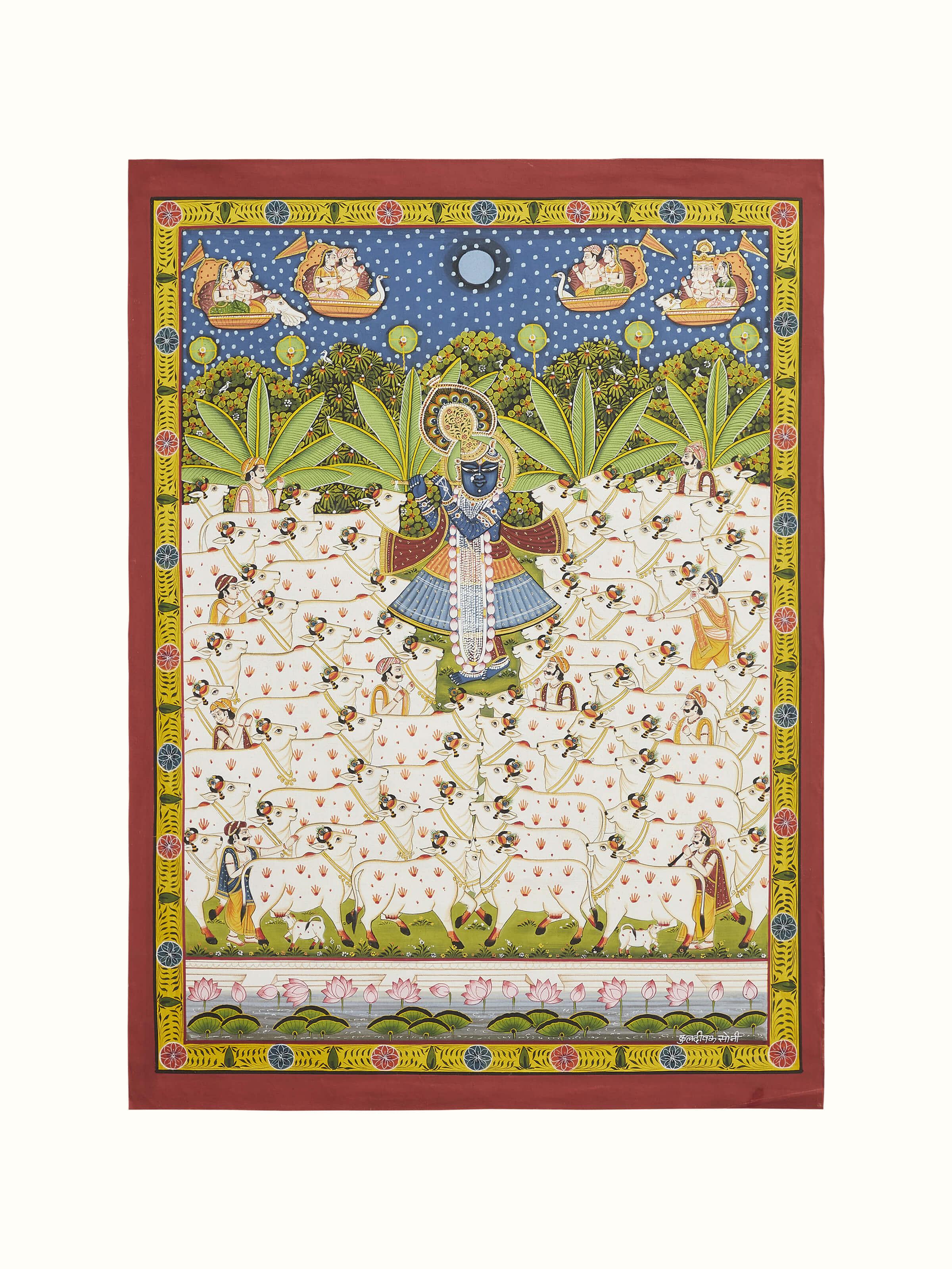 Front view of Pichwai Krishna Playing Bansuri with Multiple White Cows painting showcasing Krishna amidst cows.