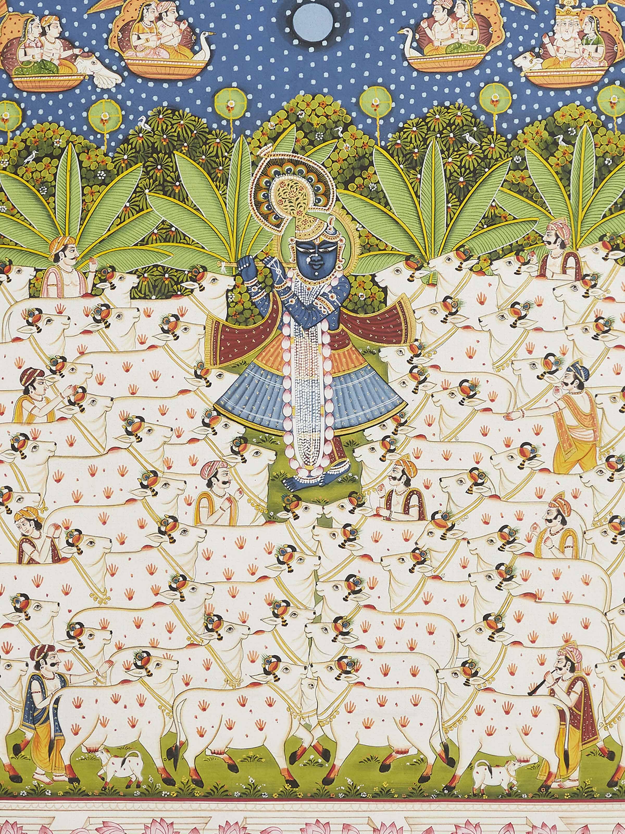 Detail view of Pichwai Krishna Playing Bansuri with Multiple White Cows painting focusing on the artwork's details.