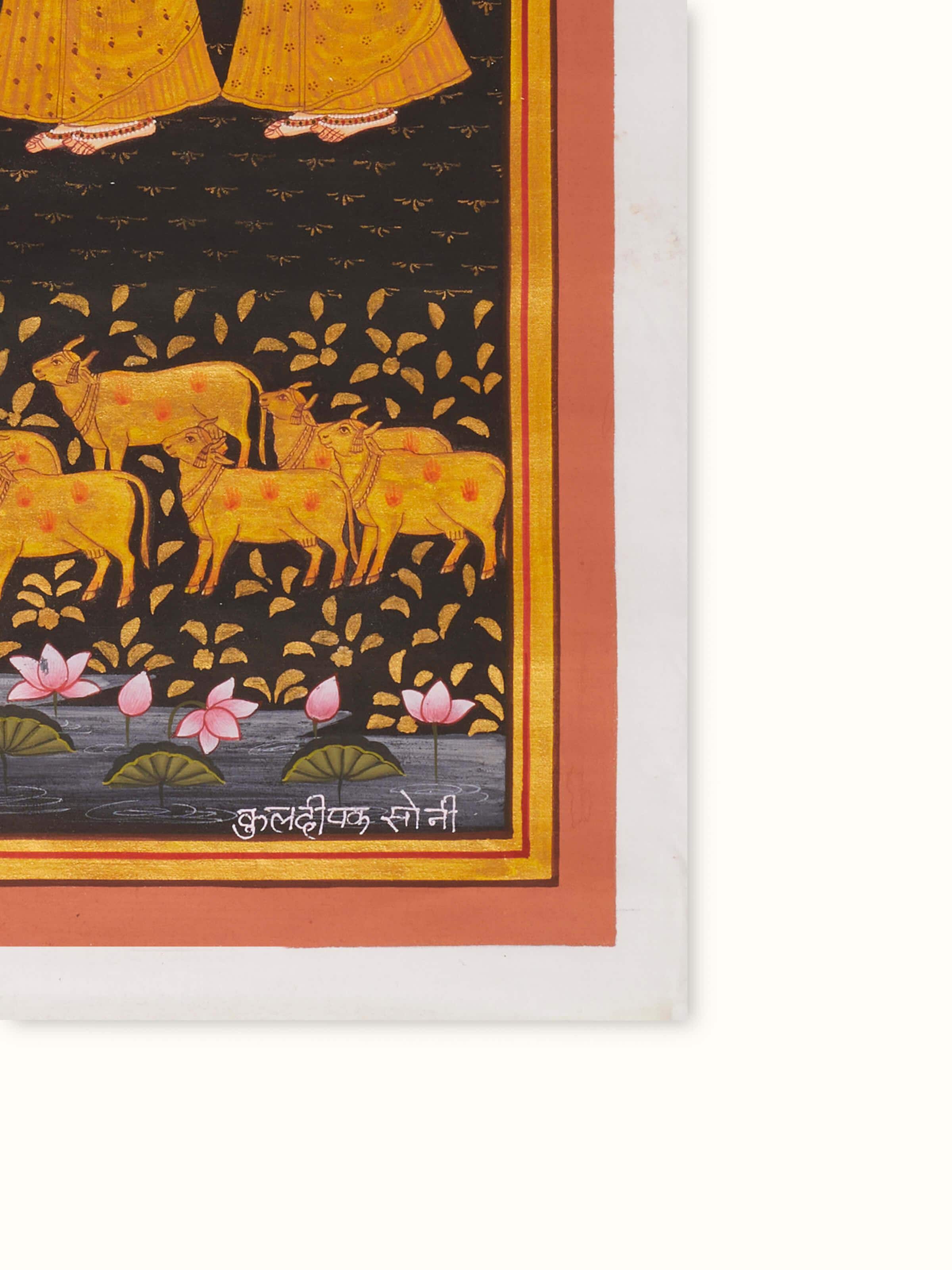 Detail view of Pichwai Tree & Gopis Painting highlighting the traditional design and fine details.