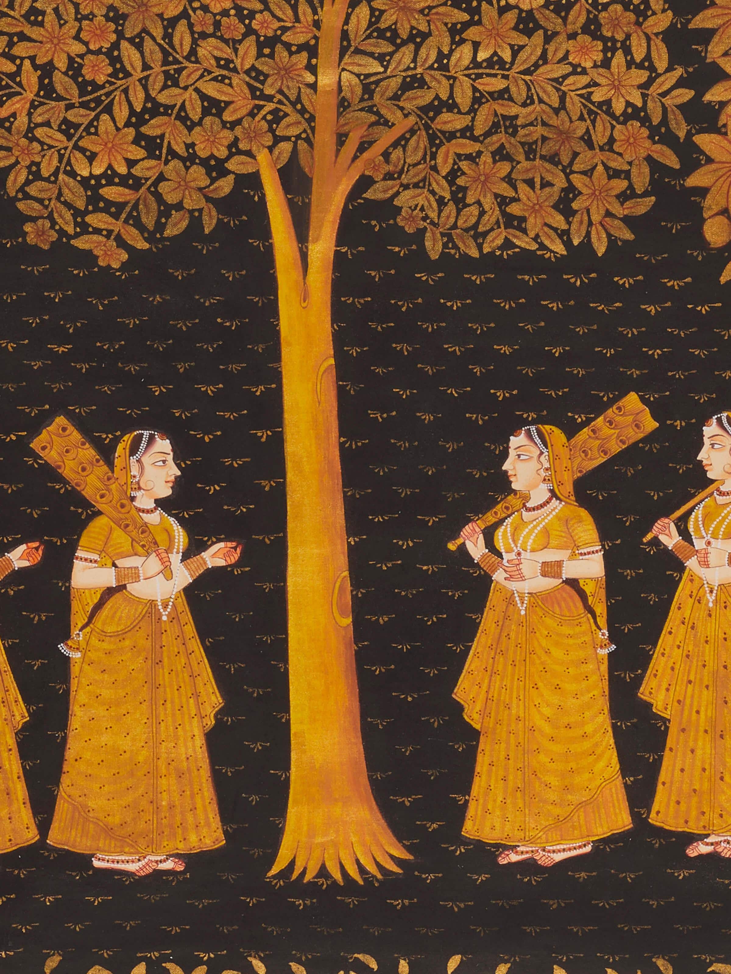 Close-up of Pichwai Tree & Gopis Painting focusing on the intricate brushwork and vibrant colors.