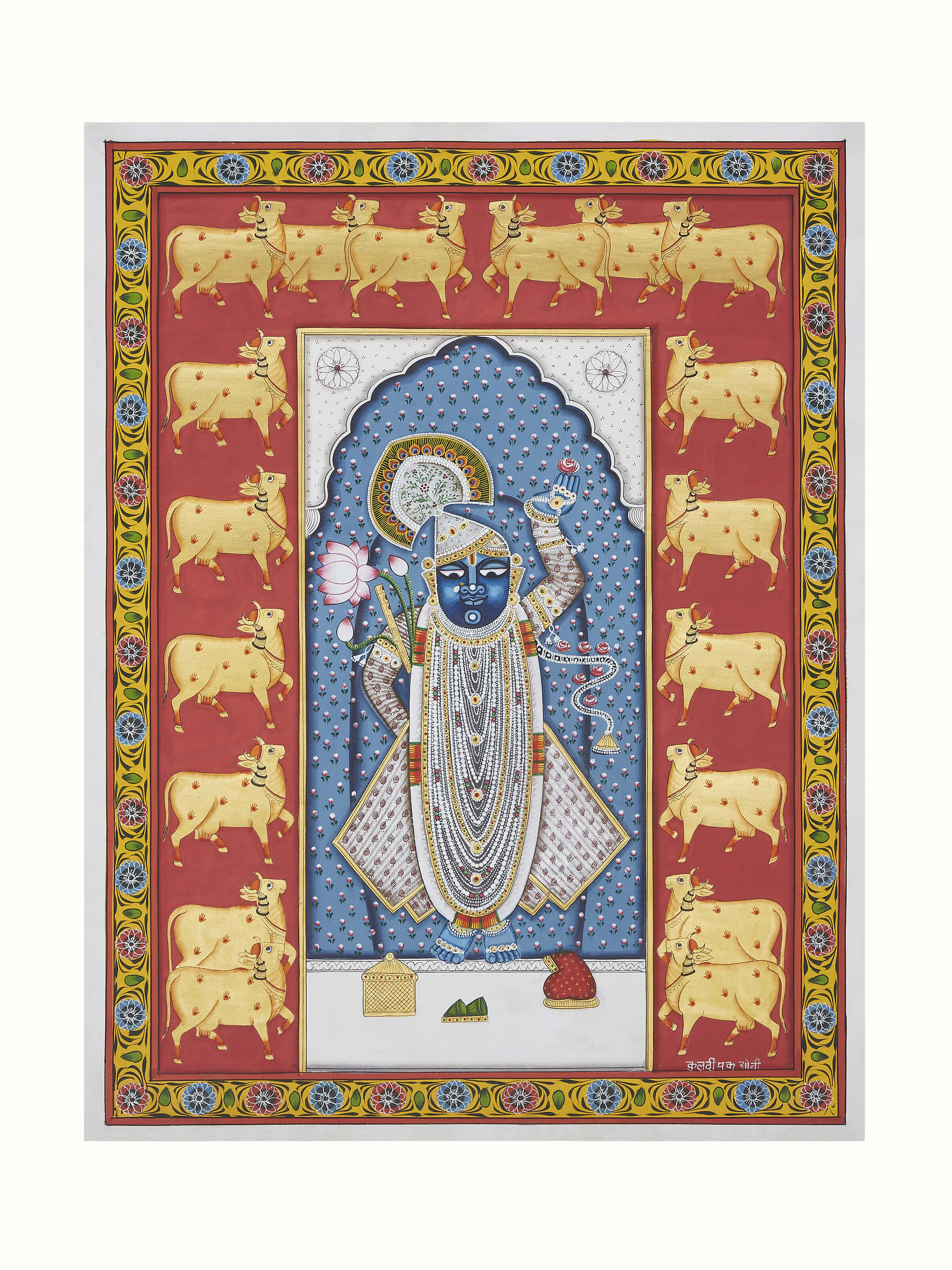 Front view of Pichwai Sacred Shreenathji Painting showcasing its vibrant colors and intricate design.