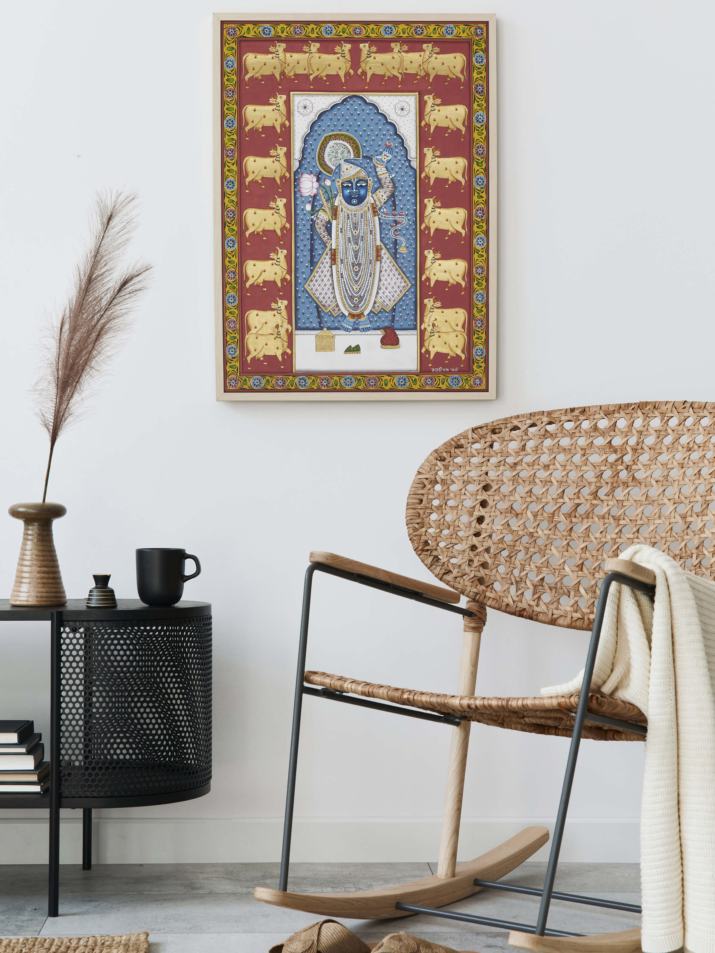 Side view of Pichwai Sacred Shreenathji Painting focusing on its detailed brushwork and vibrant hues.