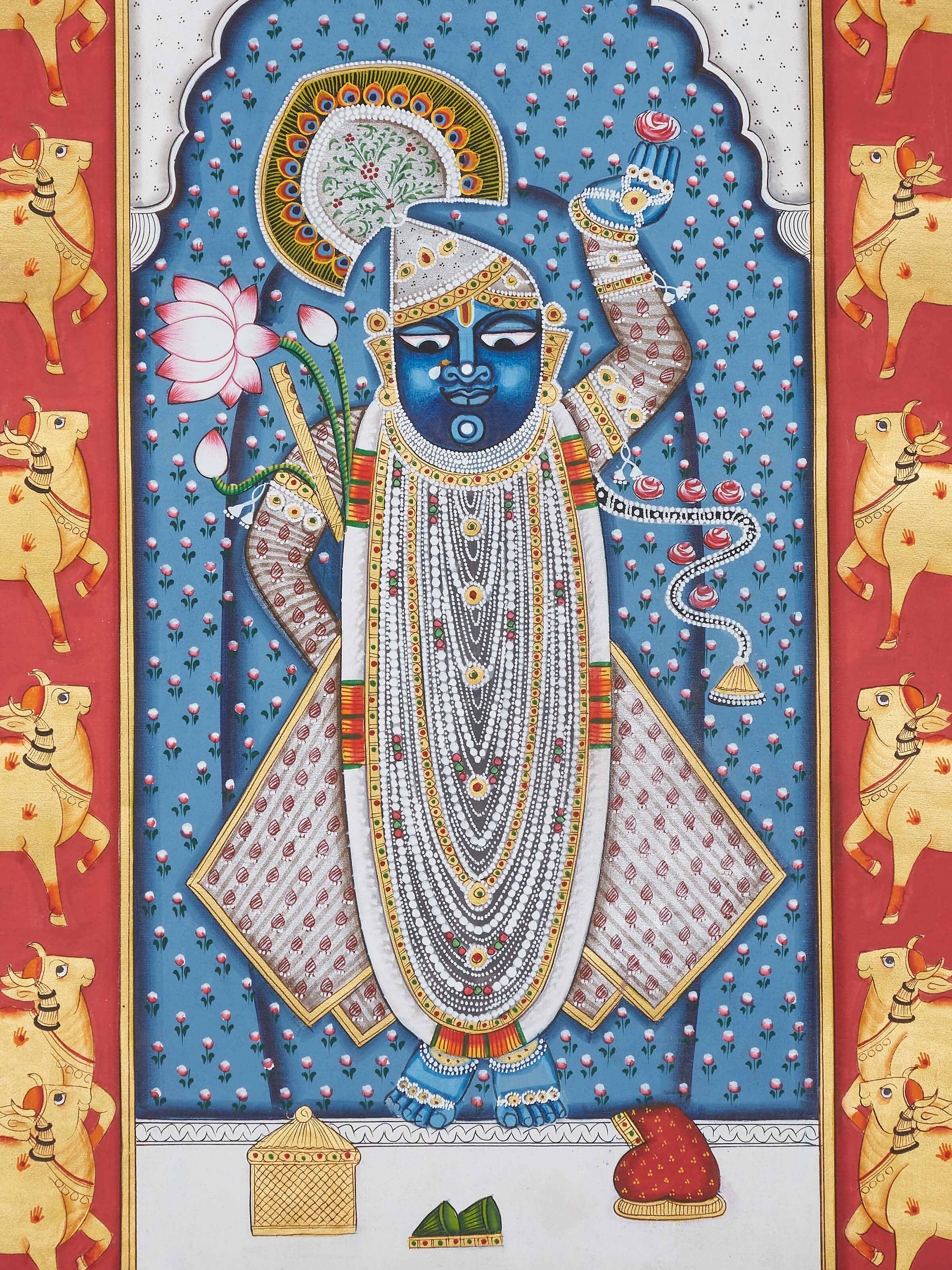 Close-up of Pichwai Sacred Shreenathji Painting highlighting the detailed artistry and traditional elements.