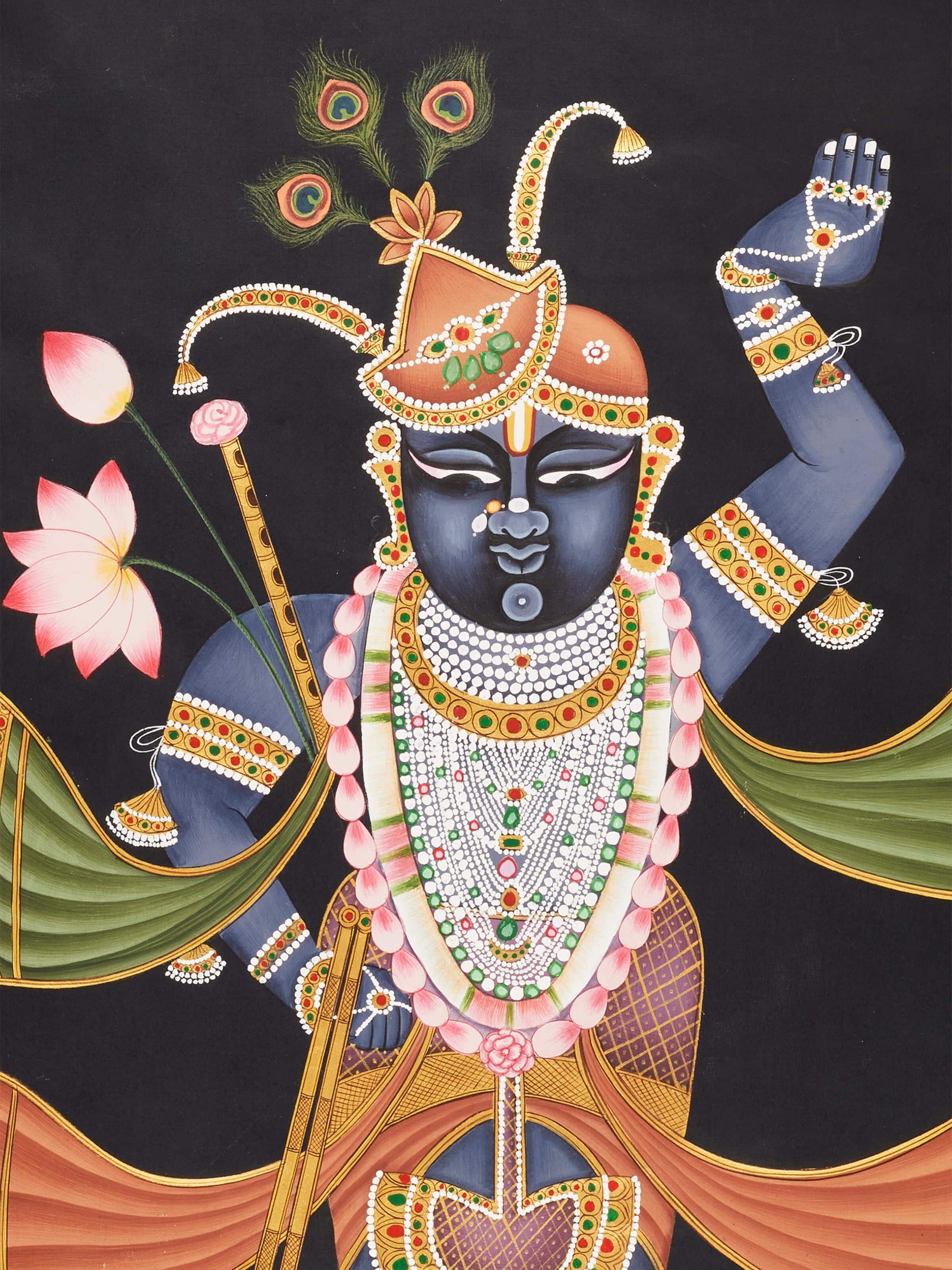 Close-up of Pichwai Shreenathji's Portrait Painting, showcasing the intricate details and fine brushwork