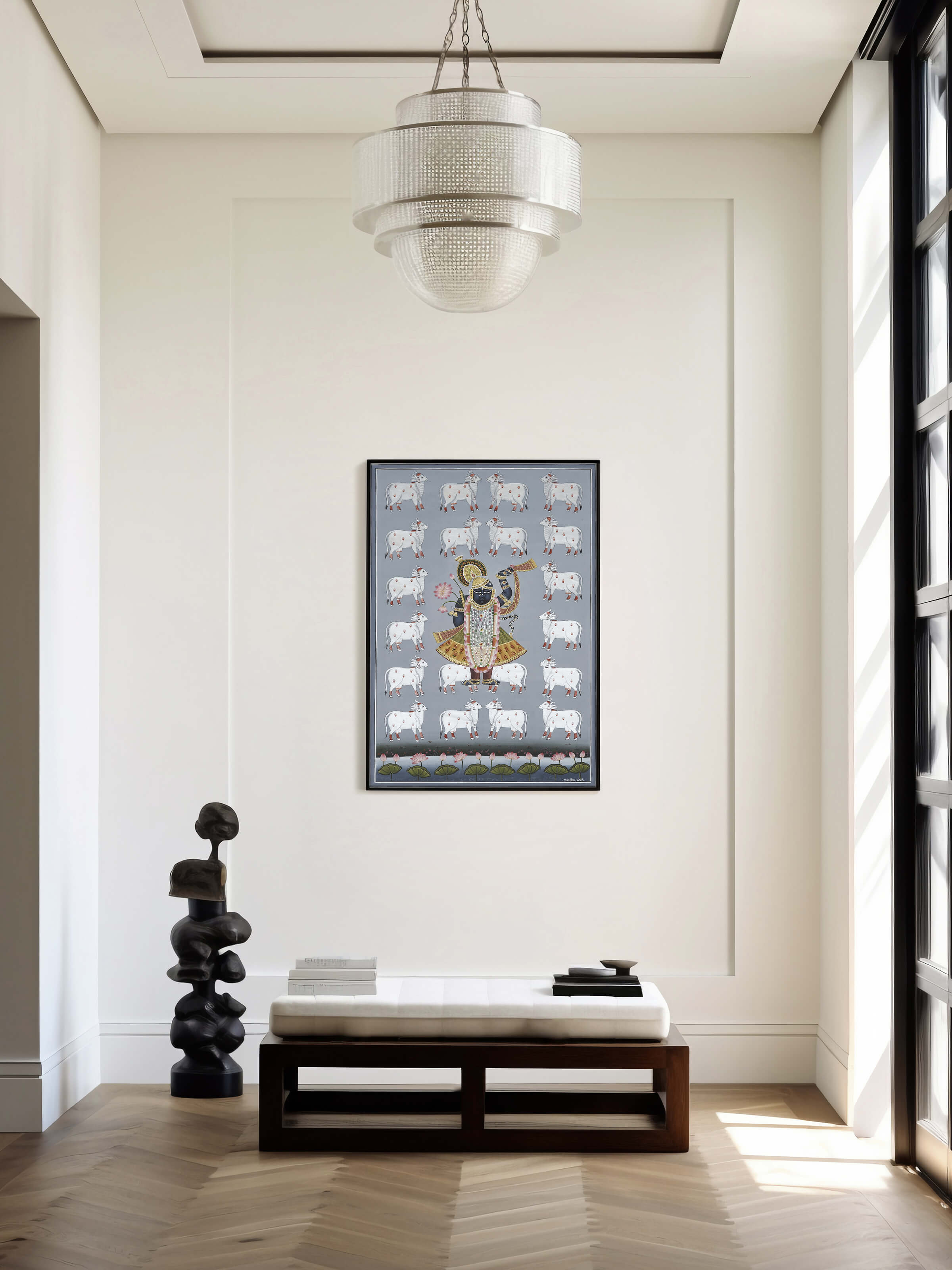 Landscape view of Shreenathji Pichwai Painting, emphasizing the ornate border work and rural Vrindavan setting.