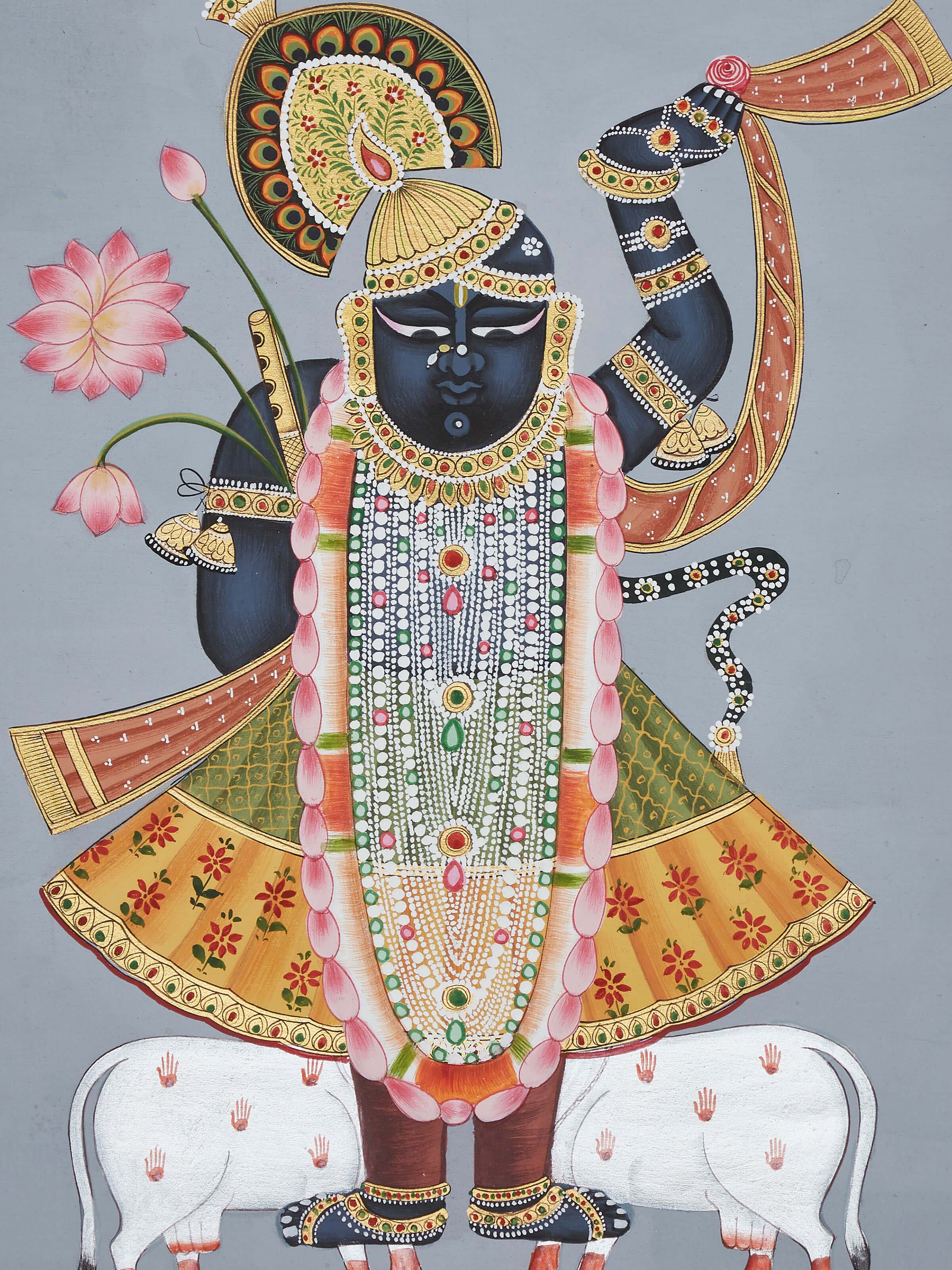 Close-up view of Pichwai Painting with Cows, highlighting the intricate brush strokes and devotional artwork.