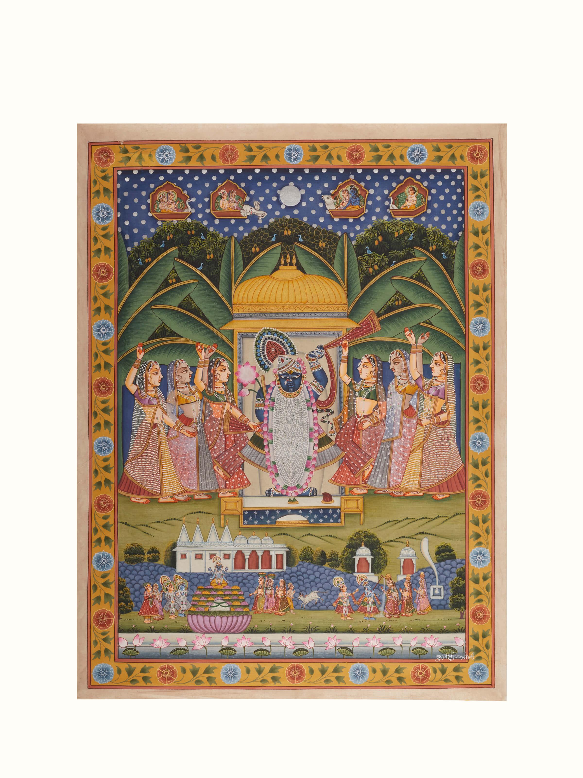 Front view of Pichwai Radiant Sharat Poornima Painting displaying its vibrant colors and intricate design.