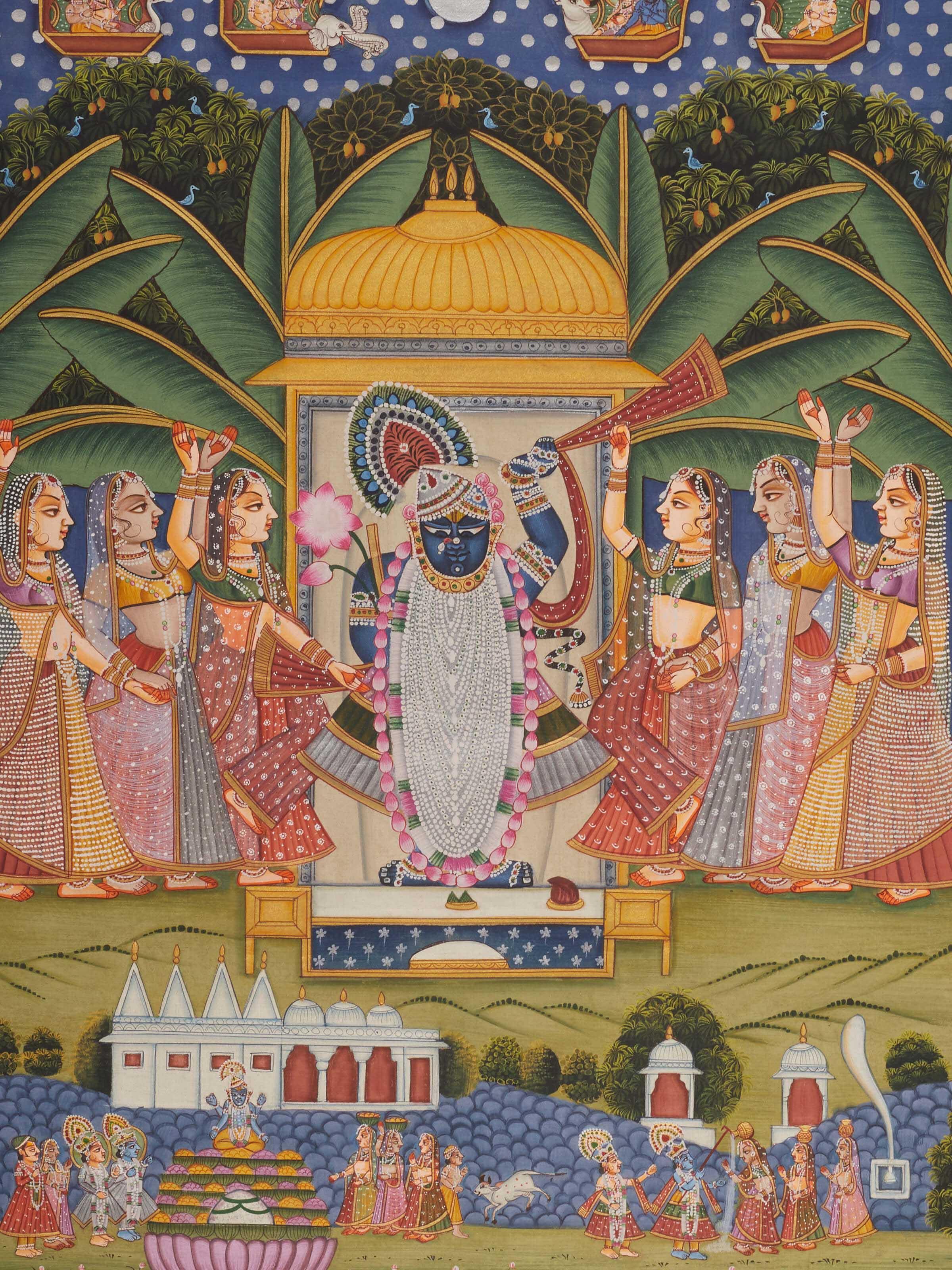 Detail view of Pichwai Radiant Sharat Poornima Painting highlighting the fine brushwork and traditional elements.
