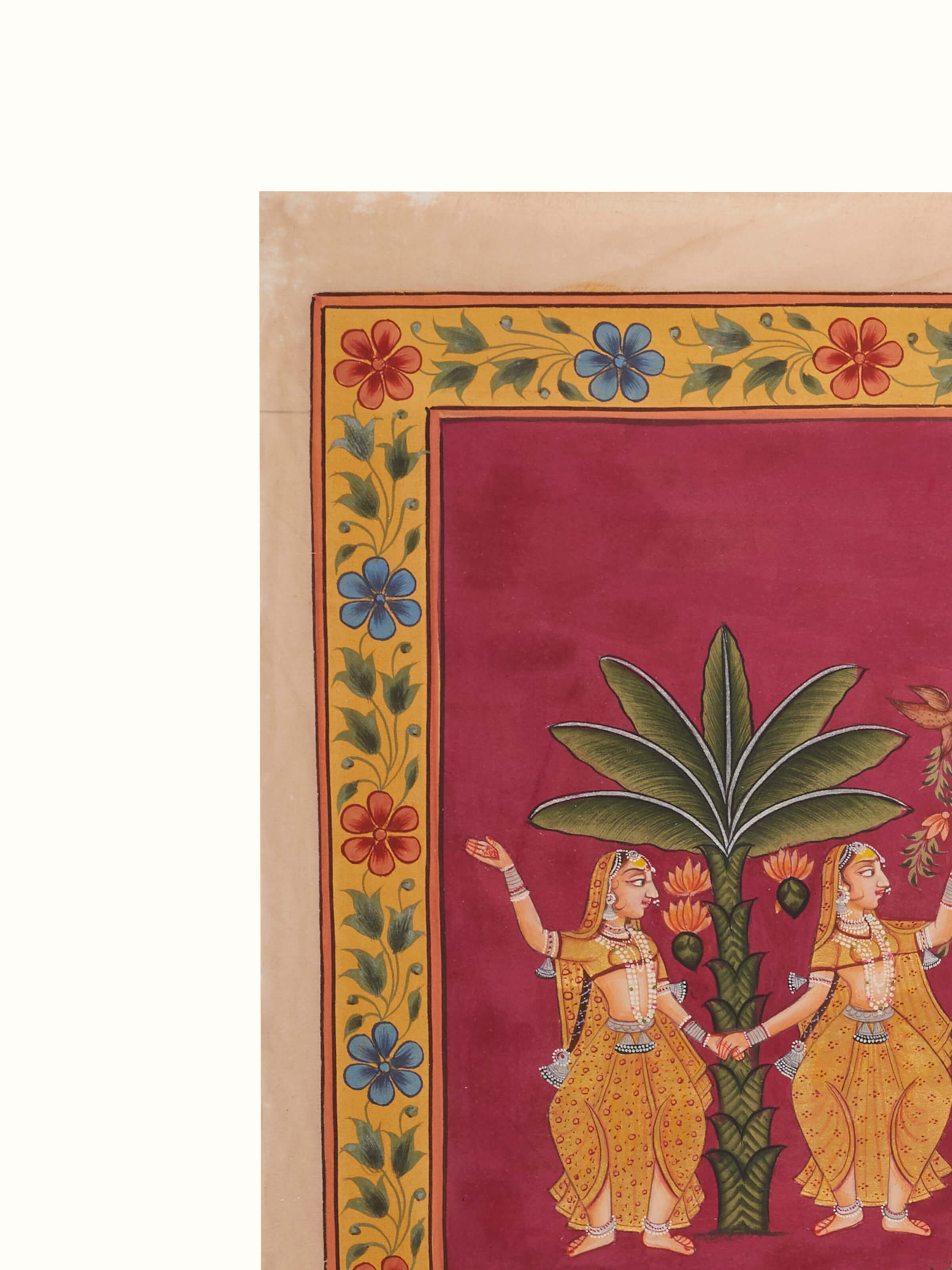 Detail view of Pichwai Gopiyan & Trees Painting highlighting the traditional elements and vivid colors.