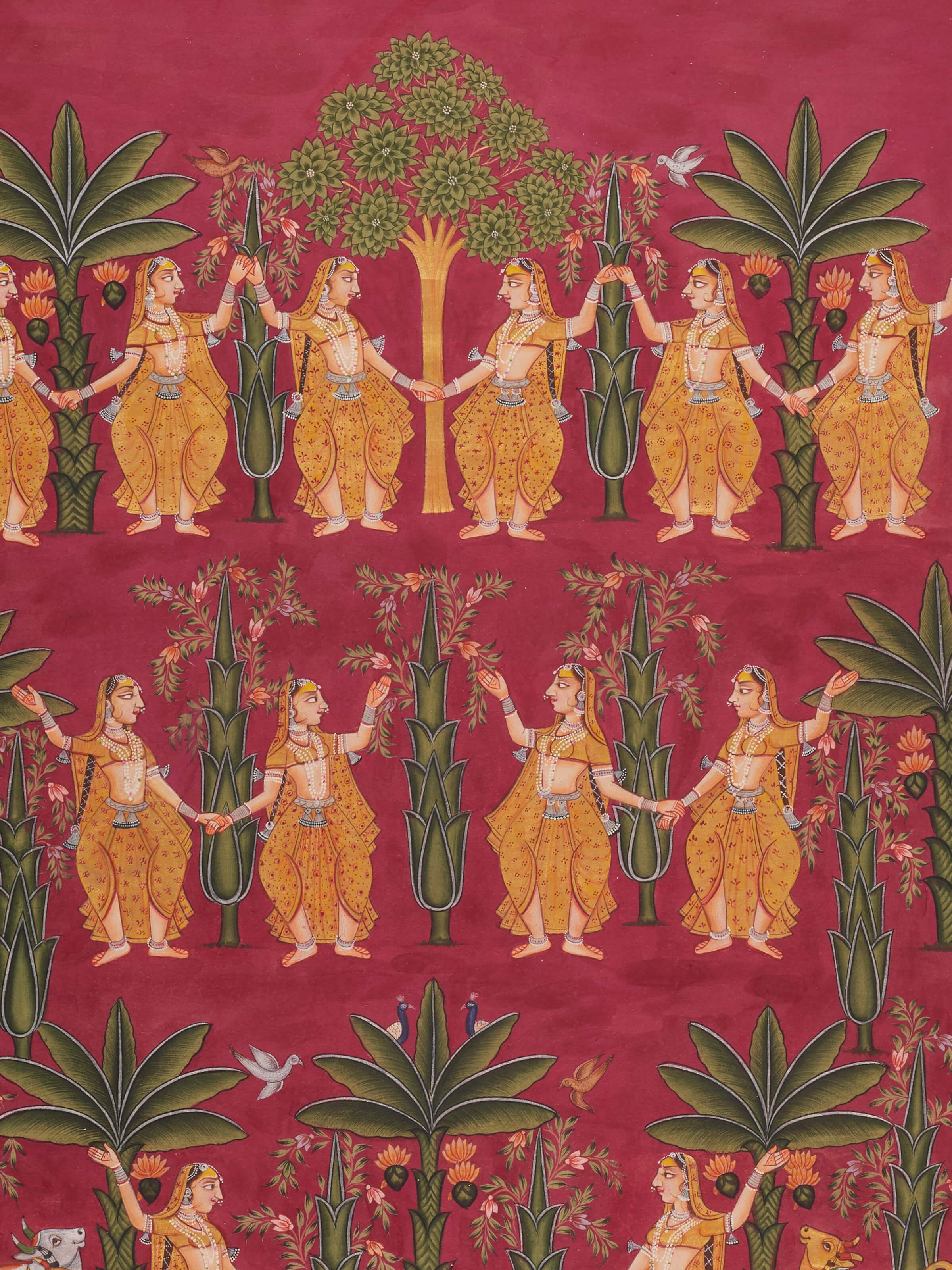 Close-up of Pichwai Gopiyan & Trees Painting focusing on the fine brushwork and intricate details.