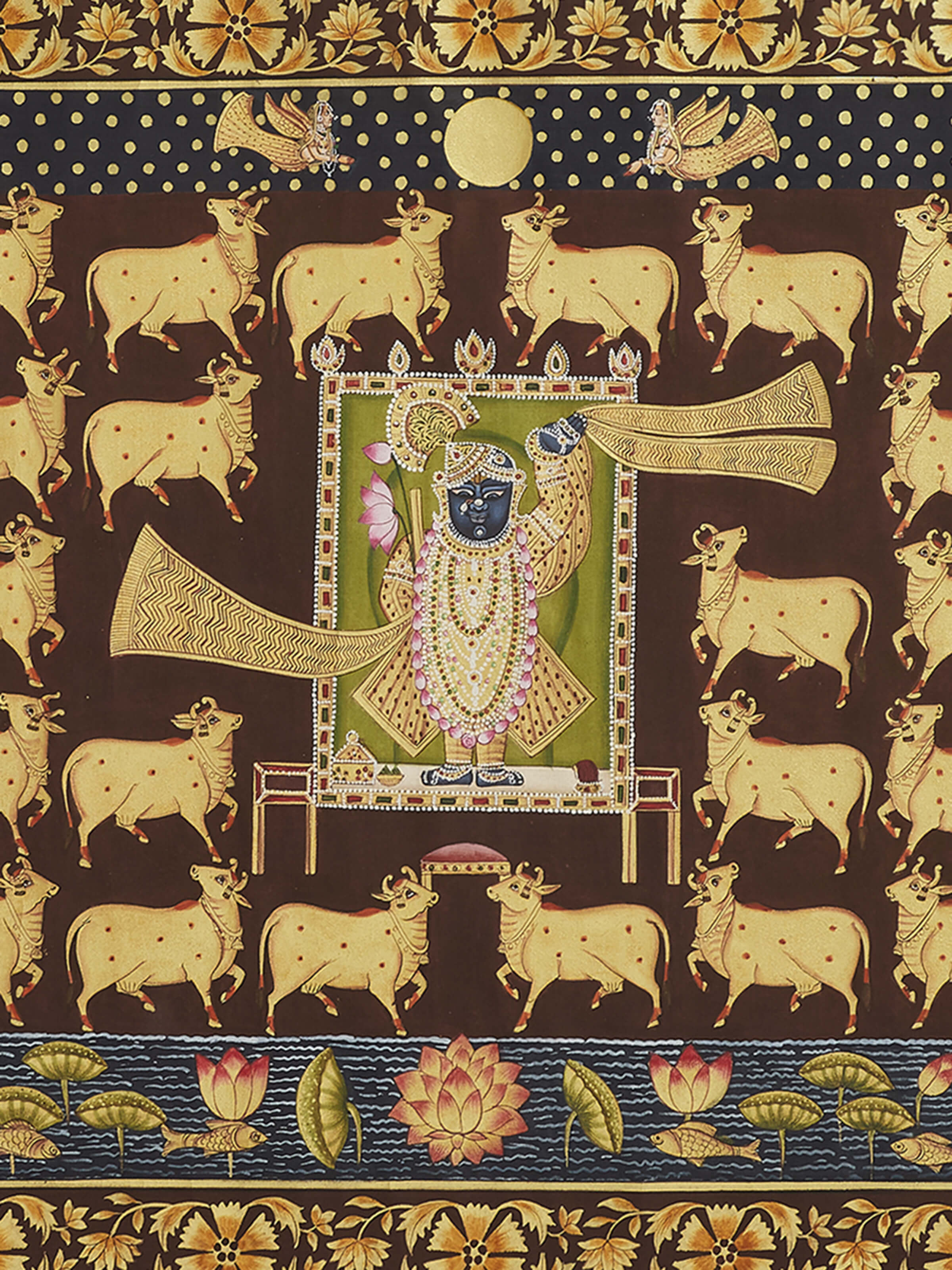 Close-up view of Pichwai Gopala Painting focusing on the detailed craftsmanship and vibrant colors