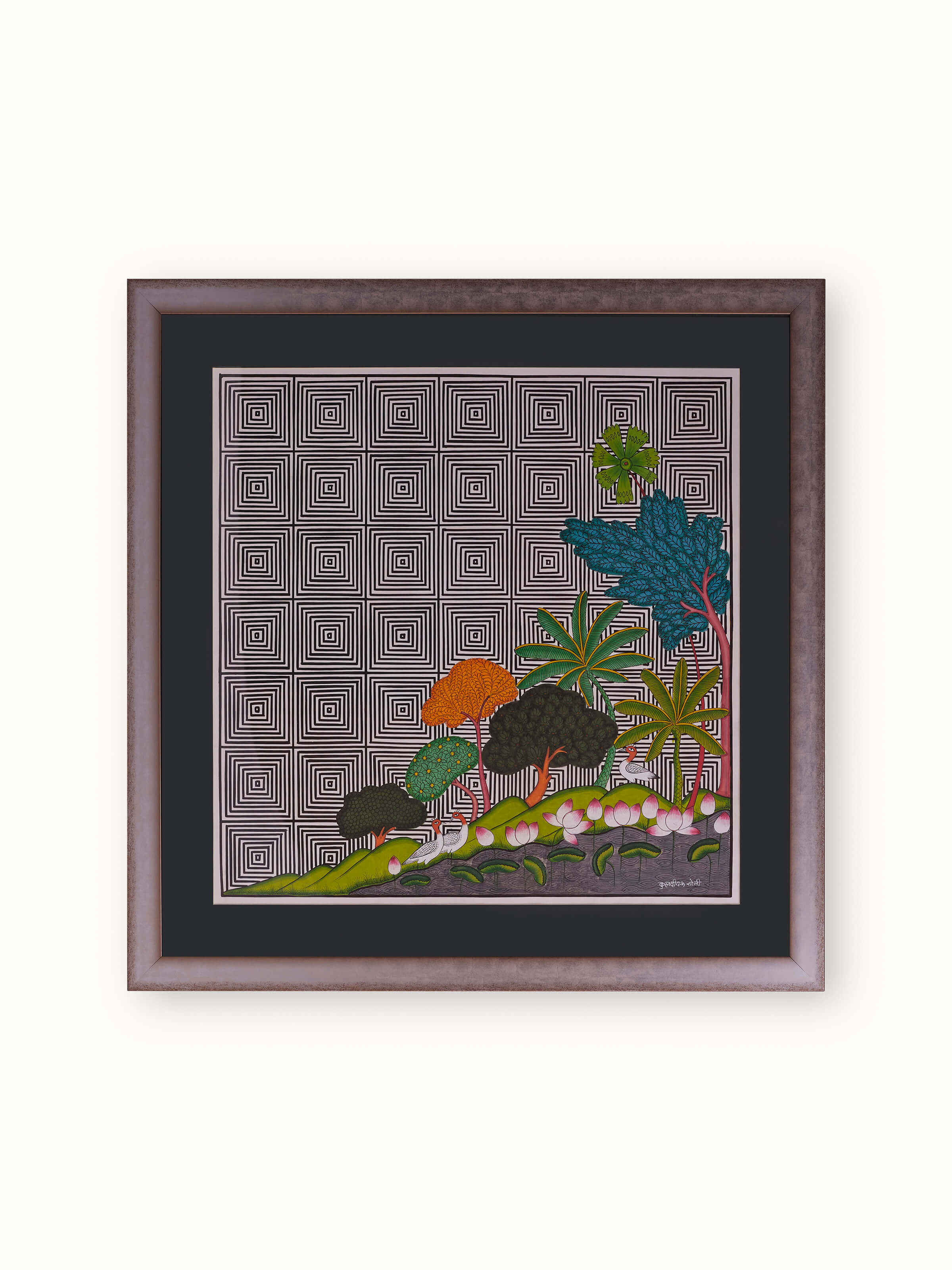 Front view of Pichwai Geometric Illusion with Cows Painting by Swadesh featuring cows in a geometric pattern with vibrant colors.
