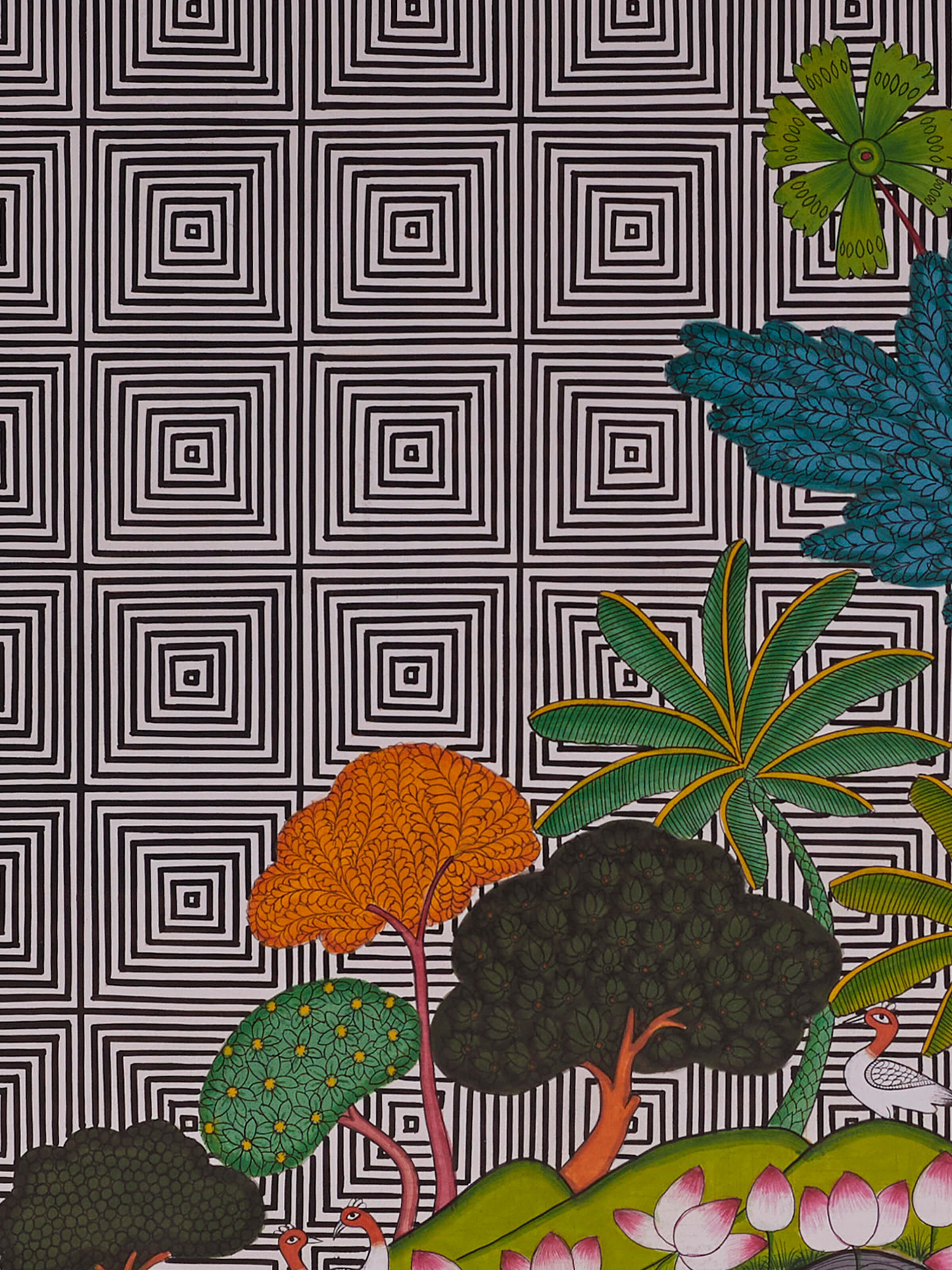 Side view of Pichwai Geometric Illusion with Cows Painting by Swadesh showcasing the detailed cows in geometric illusions.
