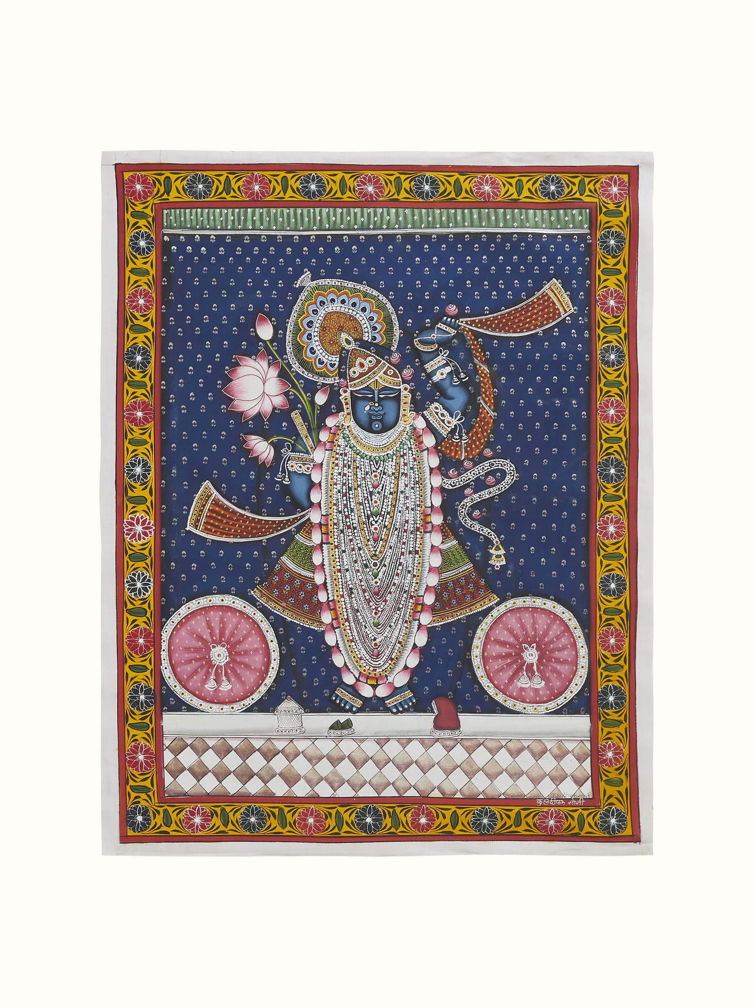 Front view of Pichwai Sacred Shreenathji Painting featuring vibrant colors and traditional devotional art.