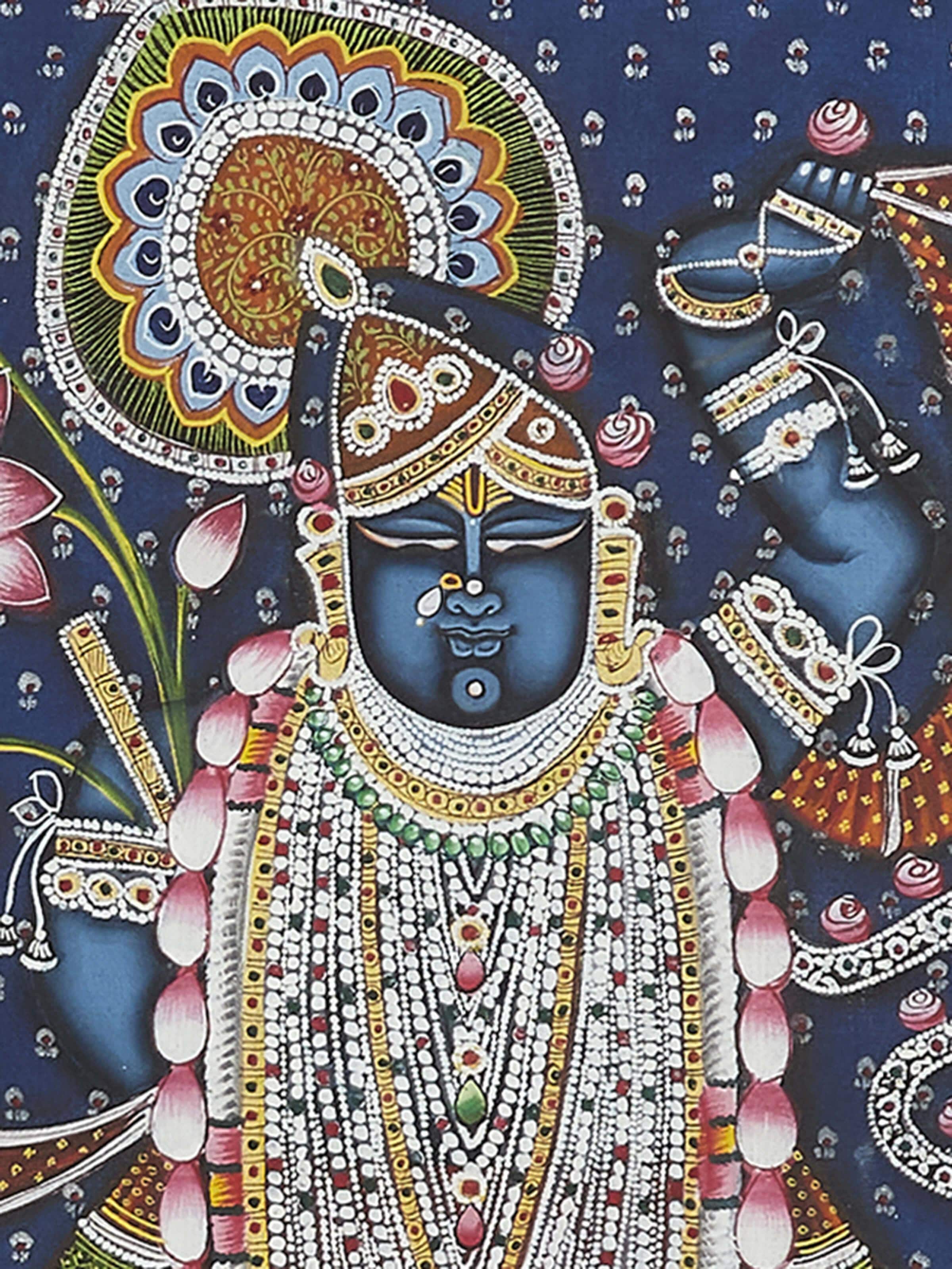 Close-up of Pichwai Sacred Shreenathji Painting focusing on fine details and intricate art elements.