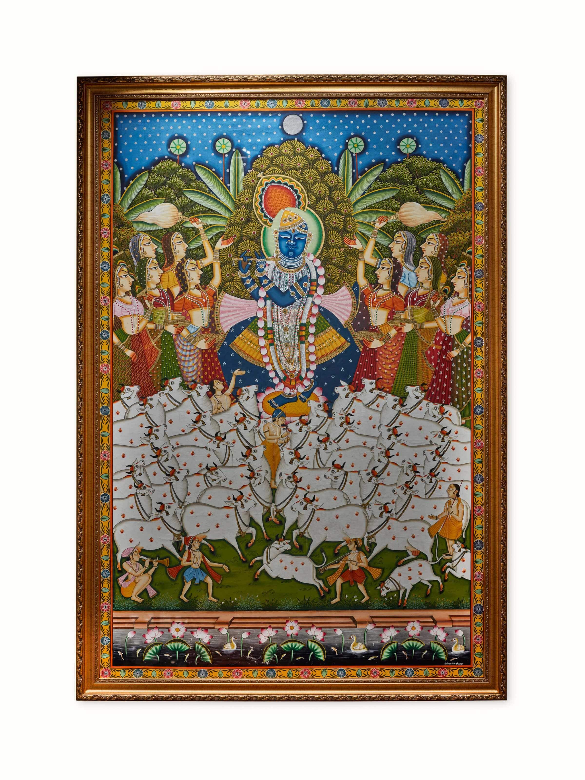 Front view of Pichwai Janmotsav painting featuring vibrant colors and traditional motifs.