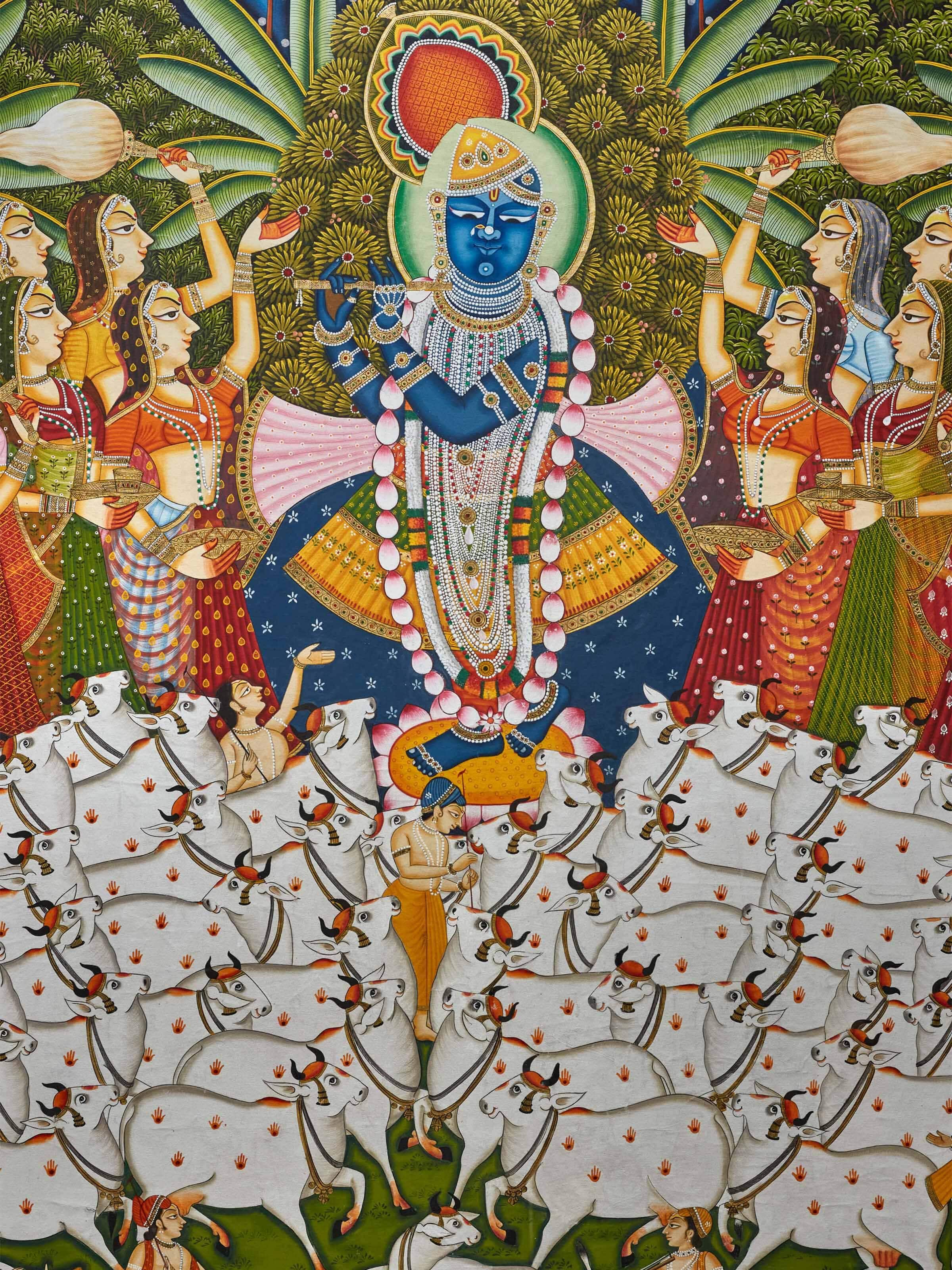 Side view of Pichwai Janmotsav painting with focus on detailed artwork and craftsmanship.
