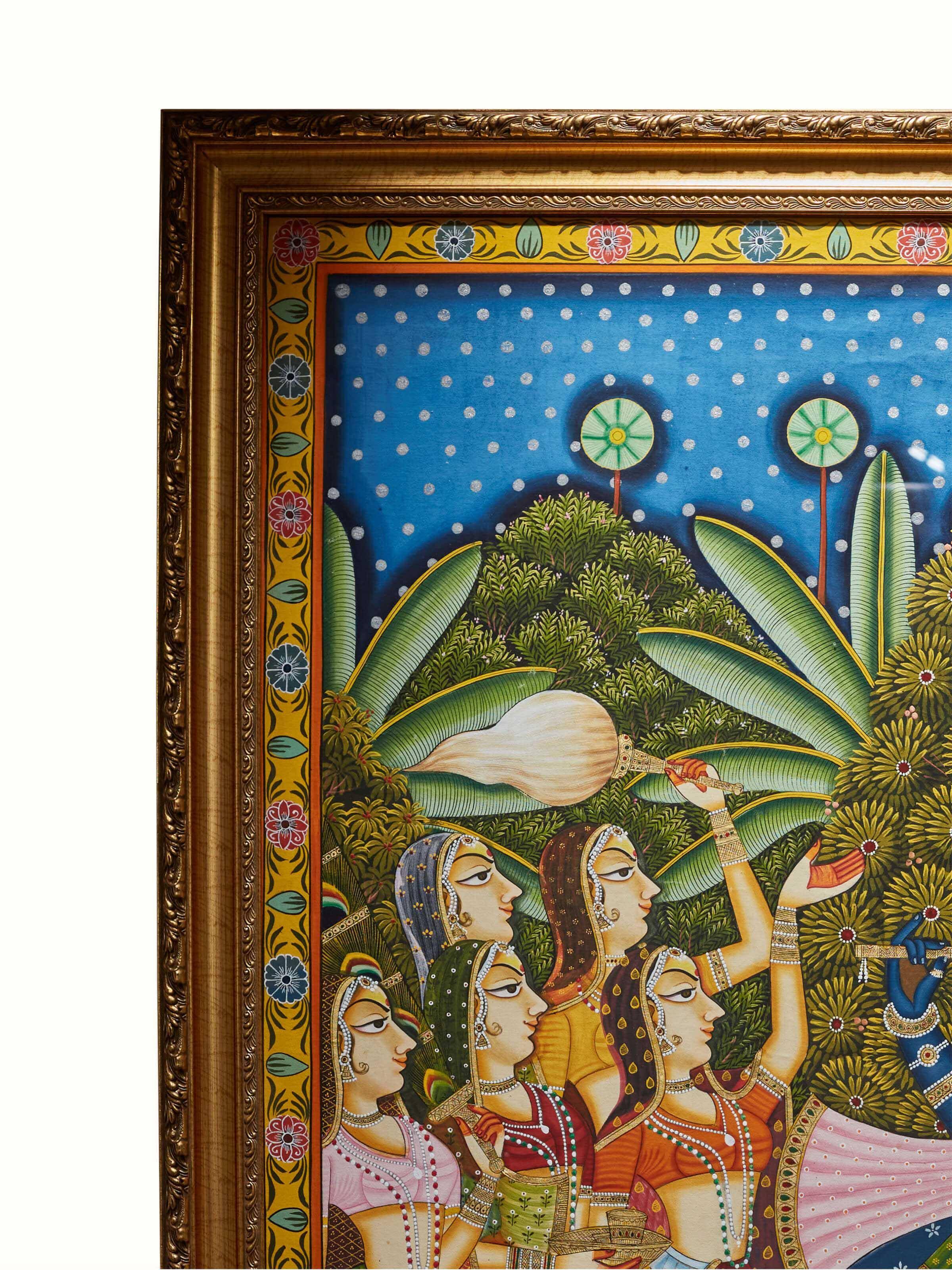 Close-up of Pichwai Janmotsav painting highlighting intricate designs and fine details.