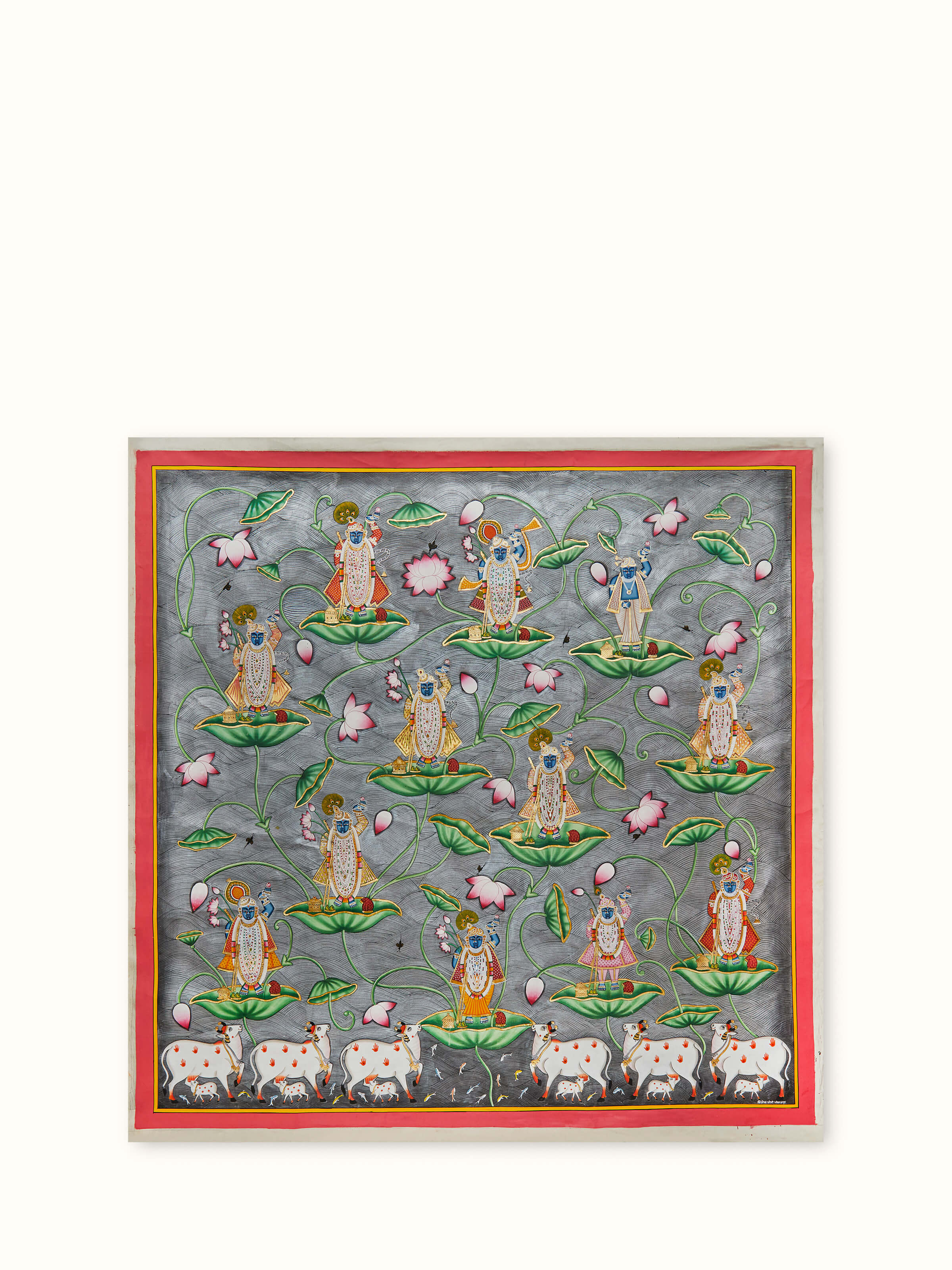 Front view of Pichwai 12 Darshan Shreenathji & Jal Kamal artwork featuring divine imagery and rich colors.