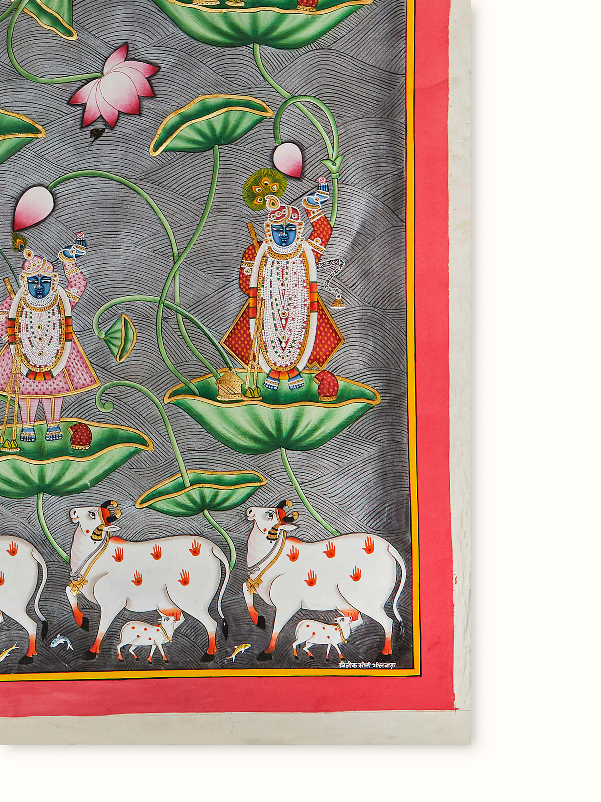 Side view of Pichwai 12 Darshan Shreenathji & Jal Kamal artwork showcasing the fine details of the piece.