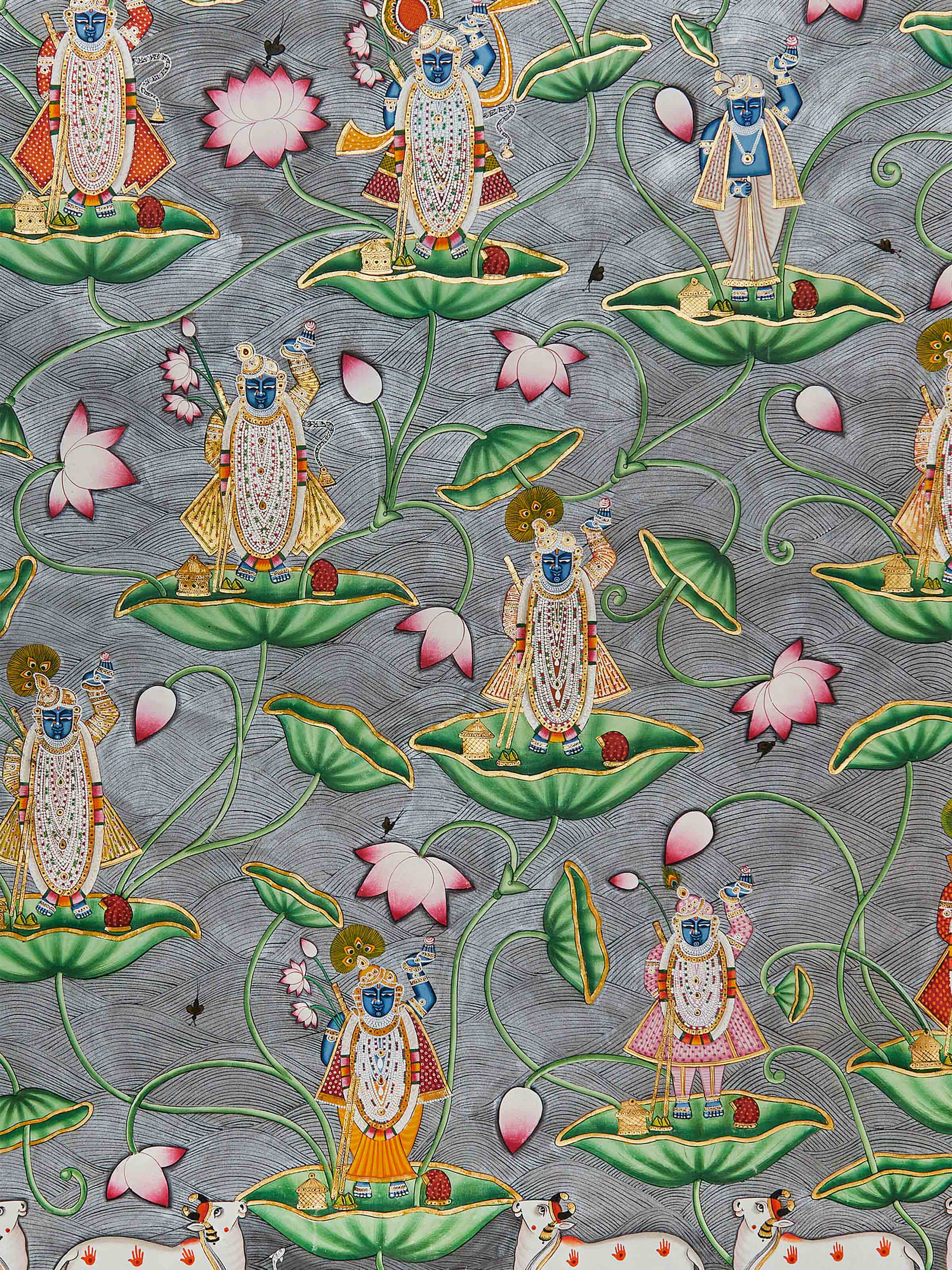 Close-up of Pichwai 12 Darshan Shreenathji & Jal Kamal focusing on the artistic details and texture.