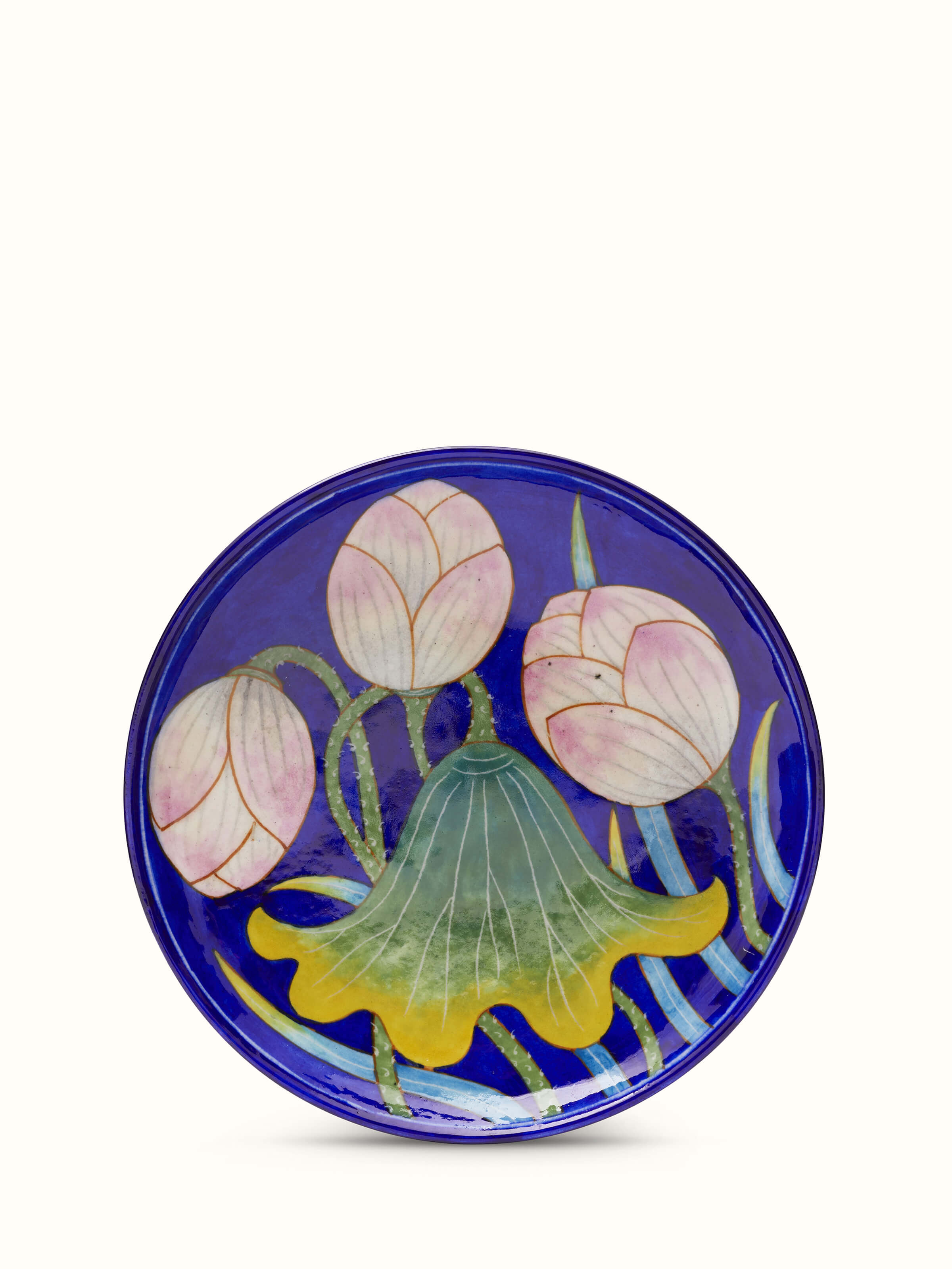 Front view of Blue Pottery Lotus with Leaf Display Plate by Swadesh showcasing the intricate blue pottery design with leaf accents.