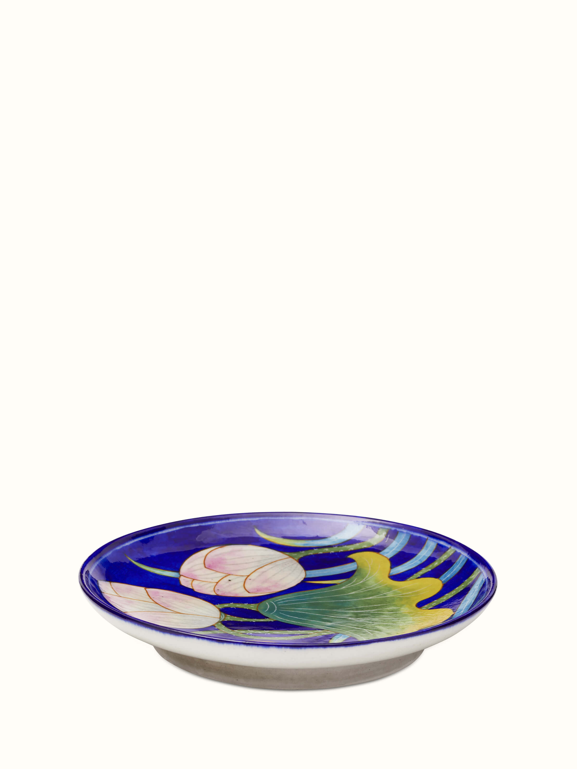 Close-up view of Blue Pottery Lotus with Leaf Display Plate by Swadesh displaying the fine hand-painted details and floral pattern.